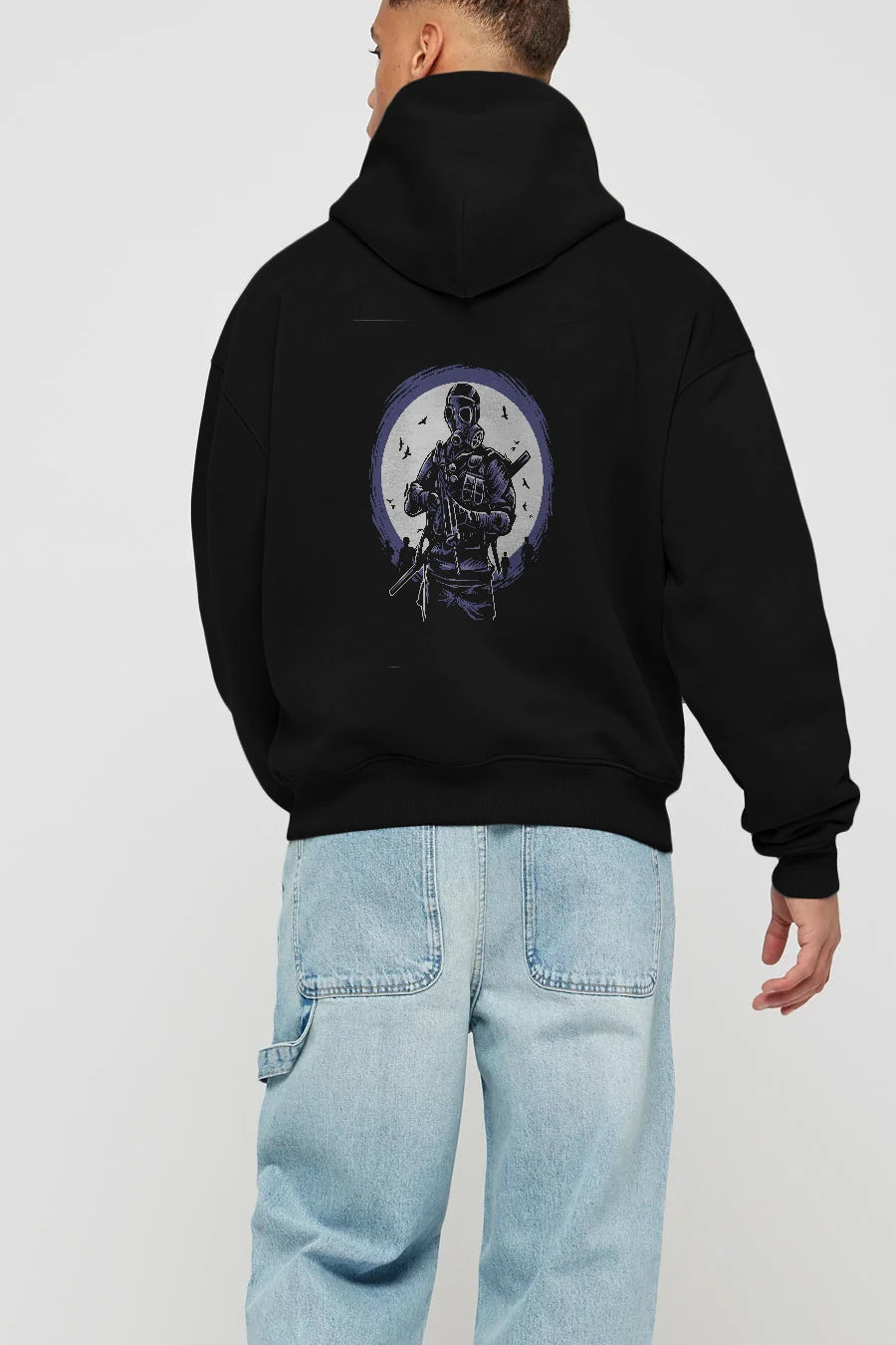 Gas Mask Soldier Arka Baskılı Hoodie Oversize Kapüşonlu Sweatshirt Erkek Kadın Unisex
