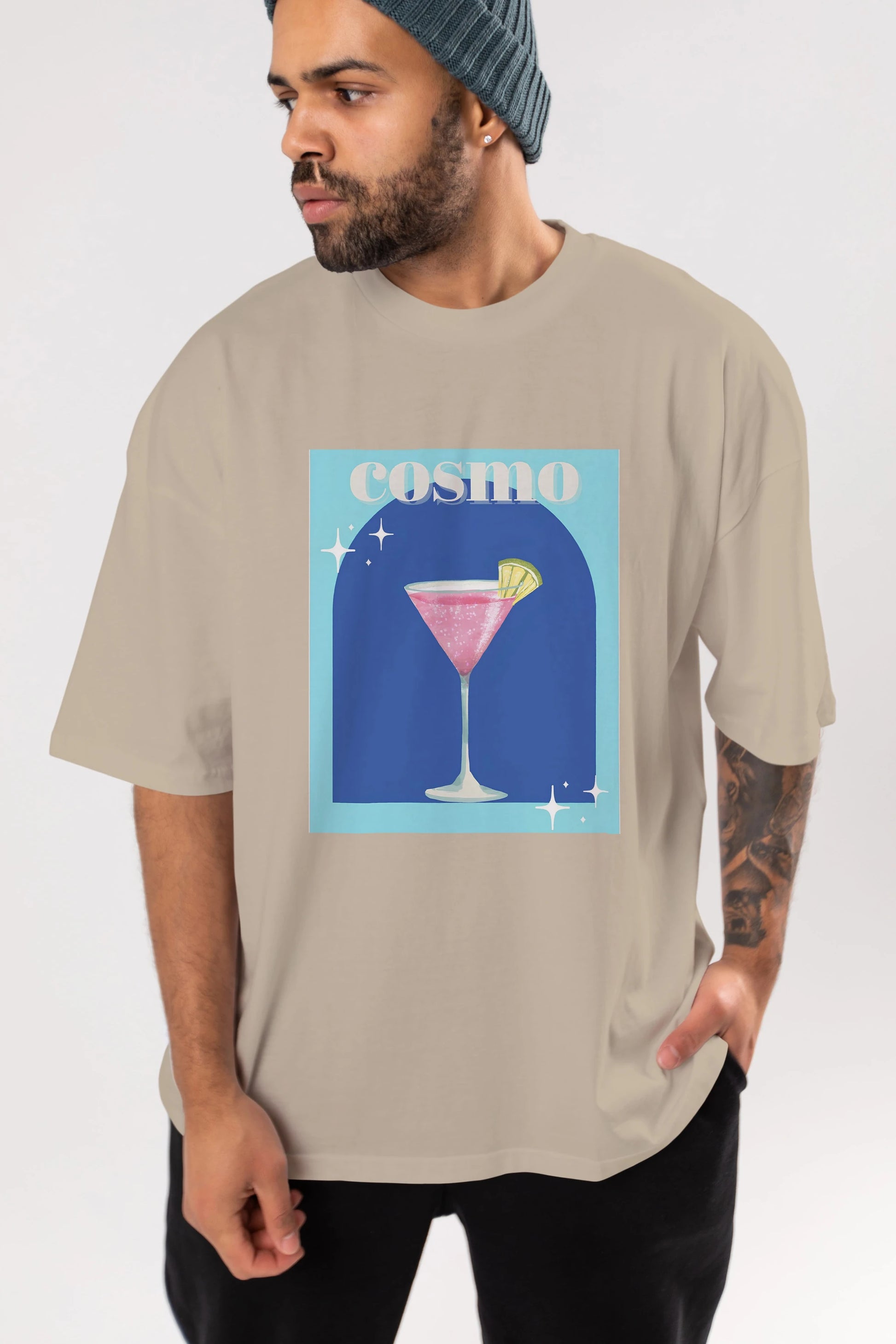 Cosmopolitan 2 Ön Baskılı Oversize t-shirt Erkek Kadın Unisex %100 Pamuk Bisiklet Yaka tişort