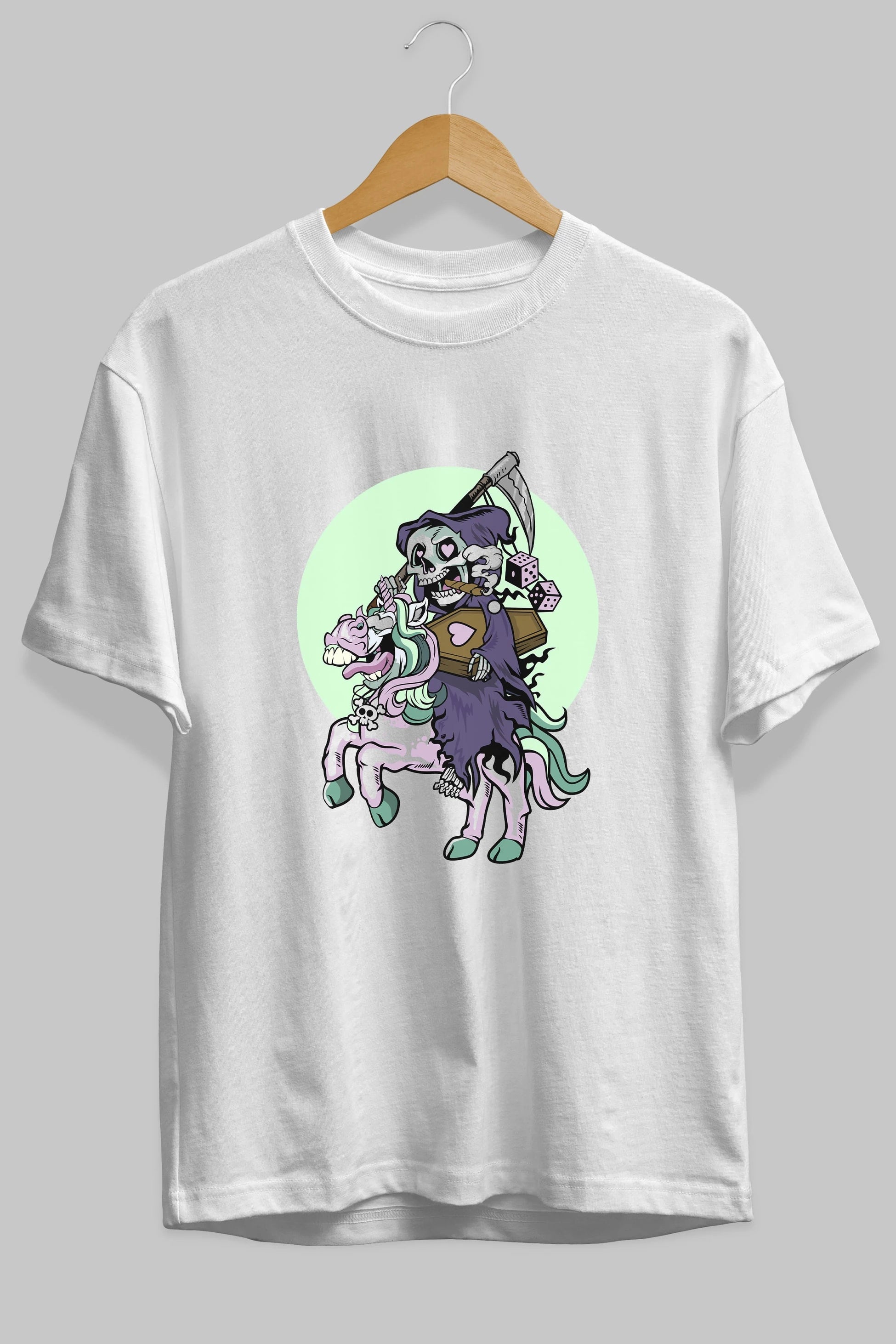 Grim Reaper Riding Unicorn Ön Baskılı Oversize t-shirt Erkek Kadın Unisex %100 Pamuk tişort