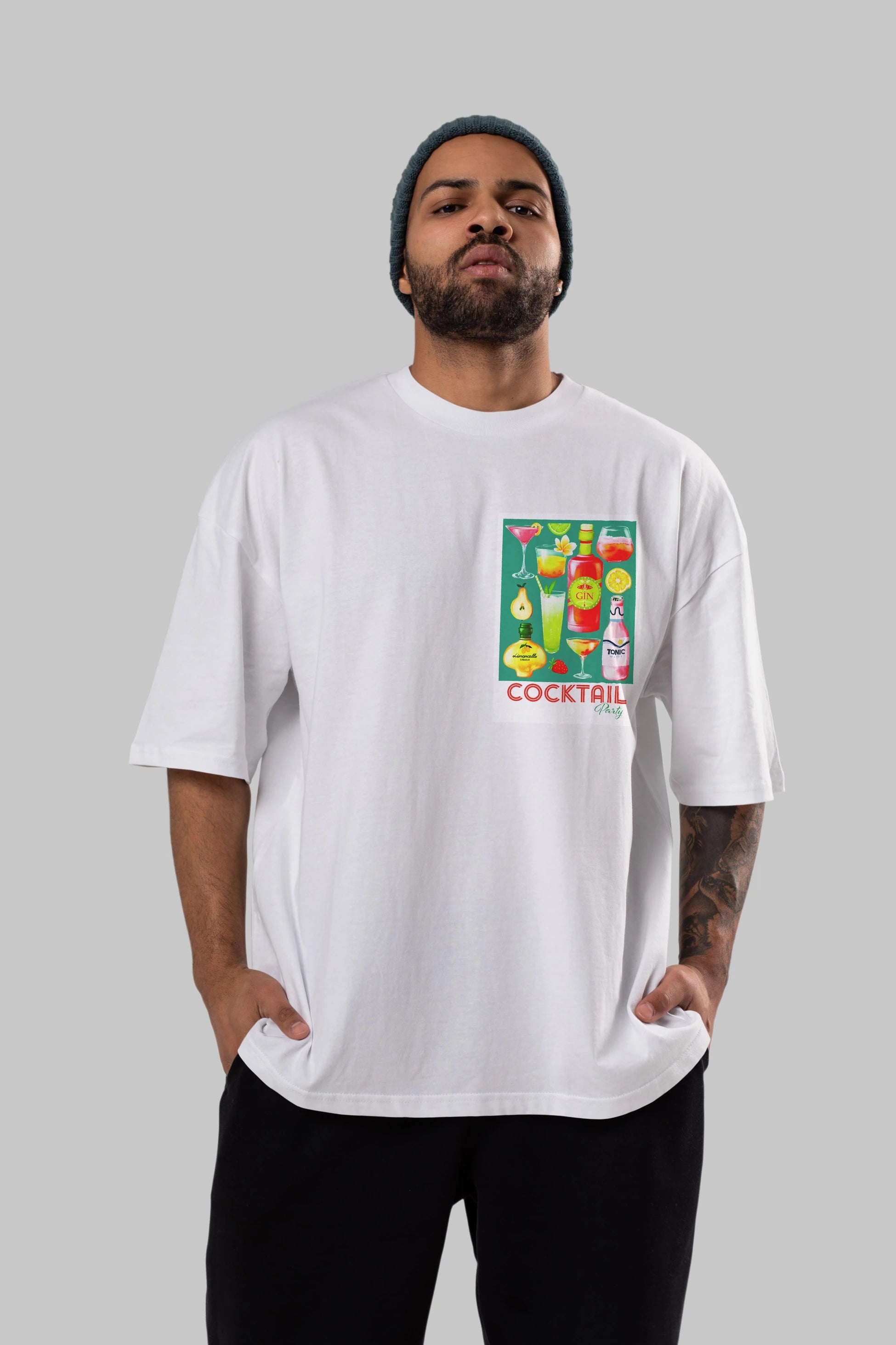 Cocktail Party 2 Ön Sol Baskılı Oversize t-shirt Erkek Kadın Unisex %100 Pamuk Bisiklet Yaka tişort