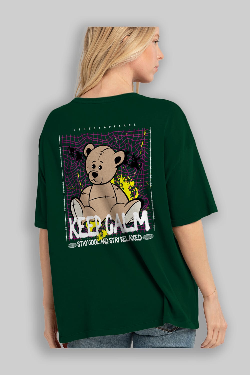 Keep Calm Bear Arka Baskılı Oversize t-shirt Erkek Kadın Unisex