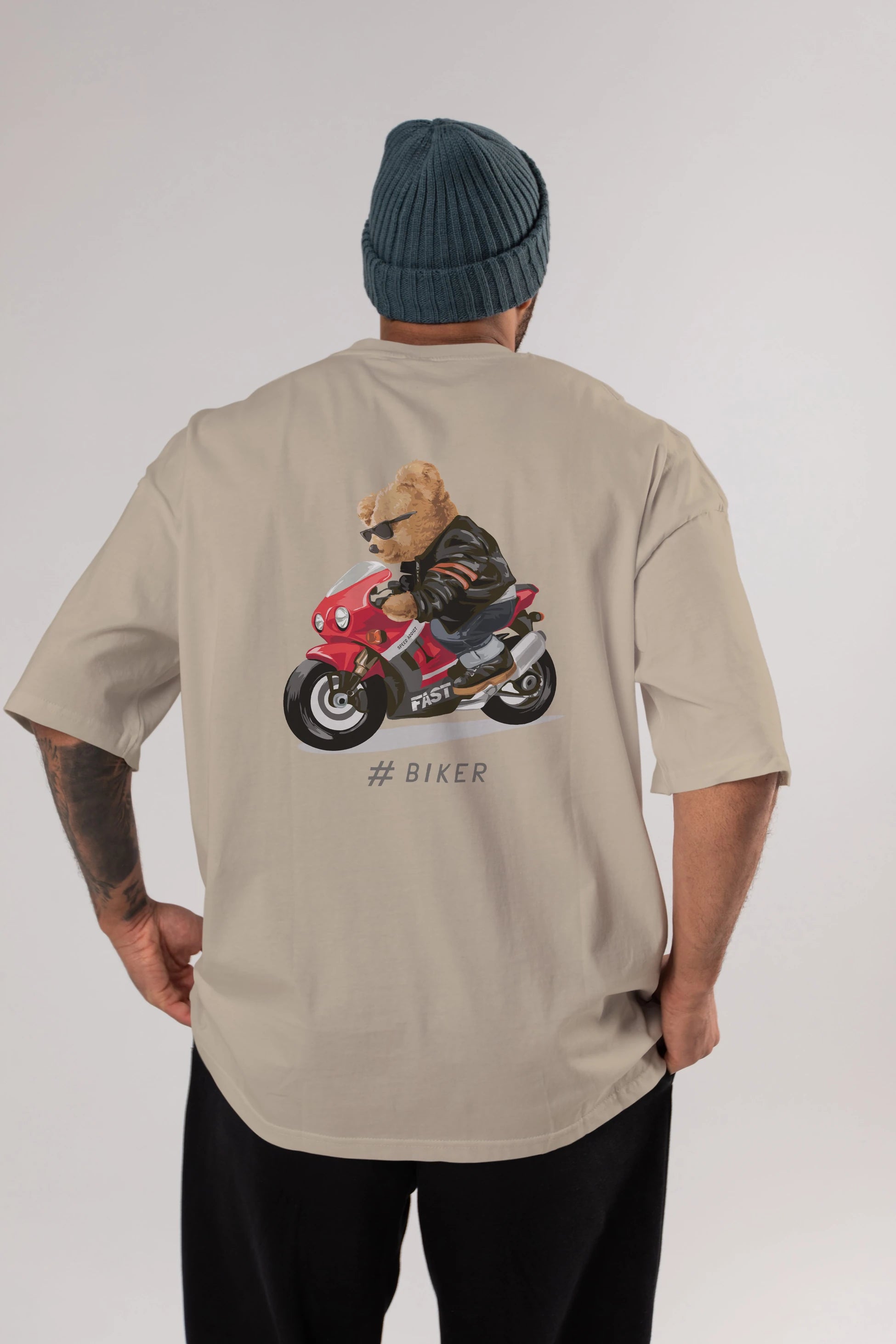 Teddy Bear Biker Arka Baskılı Oversize t-shirt Erkek Kadın Unisex %100 Pamuk