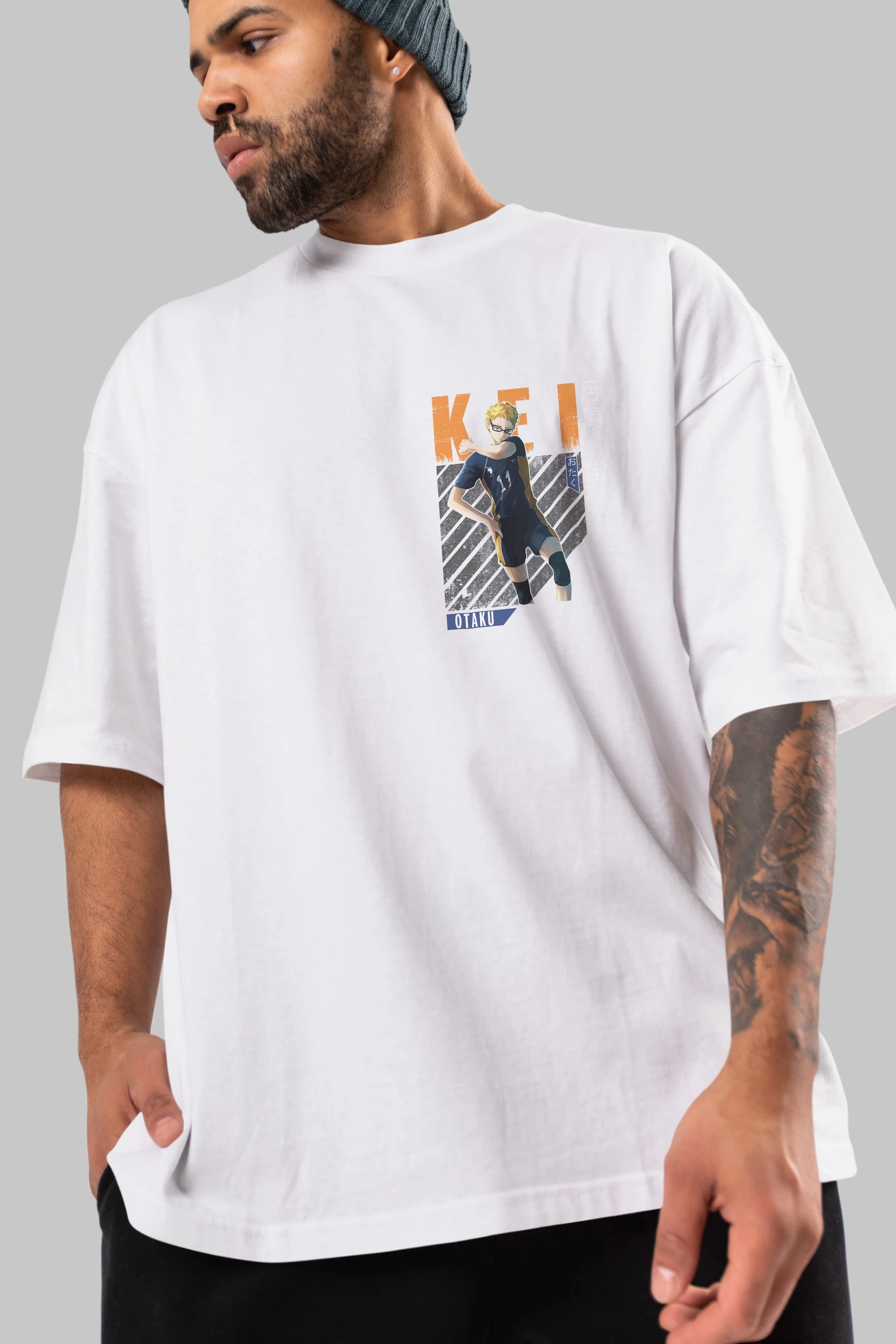 Kei Tsukishima 2 Ön Sol Baskılı Oversize t-shirt Erkek Kadın Unisex %100 Pamuk Bisiklet Yaka tişort