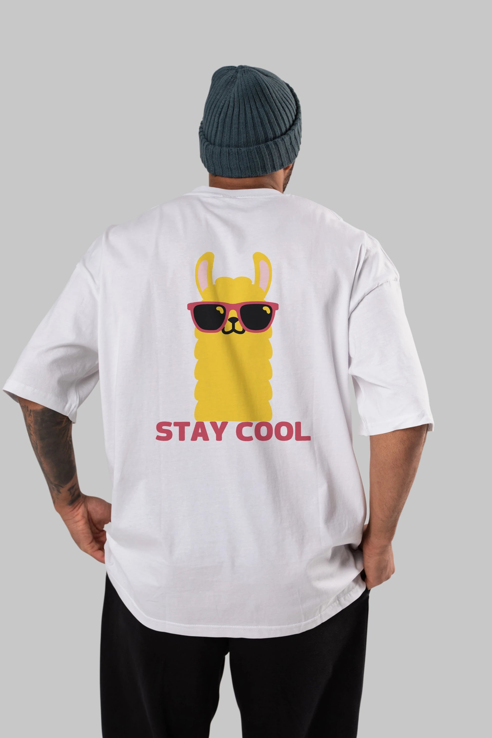 Stay Cool Yazılı Lama Arka Baskılı Oversize t-shirt Erkek Kadın Unisex