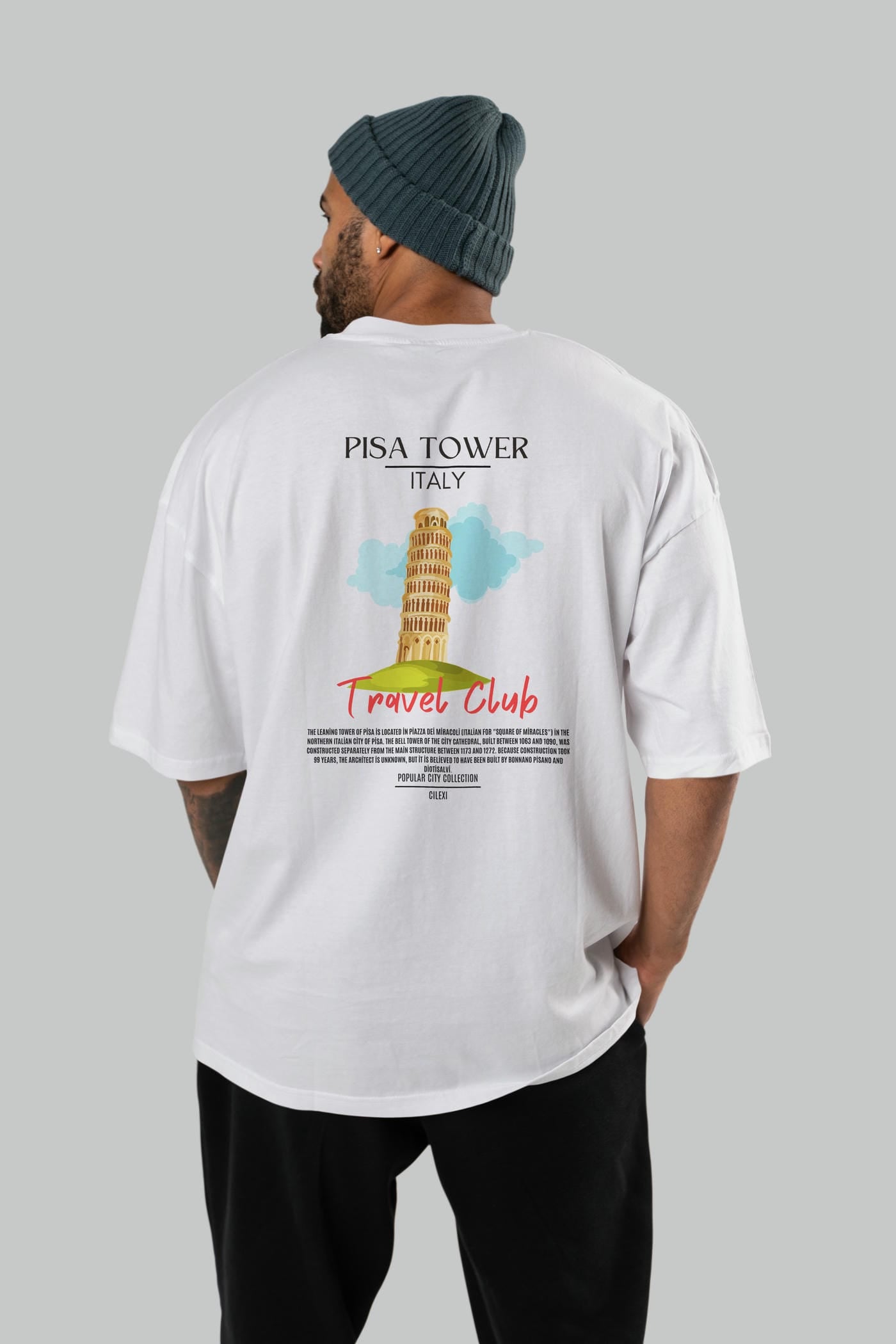 Pisa Tower İtaly Arka Baskılı Oversize t-shirt Erkek Kadın Pamuk Bisiklet Yaka tişort