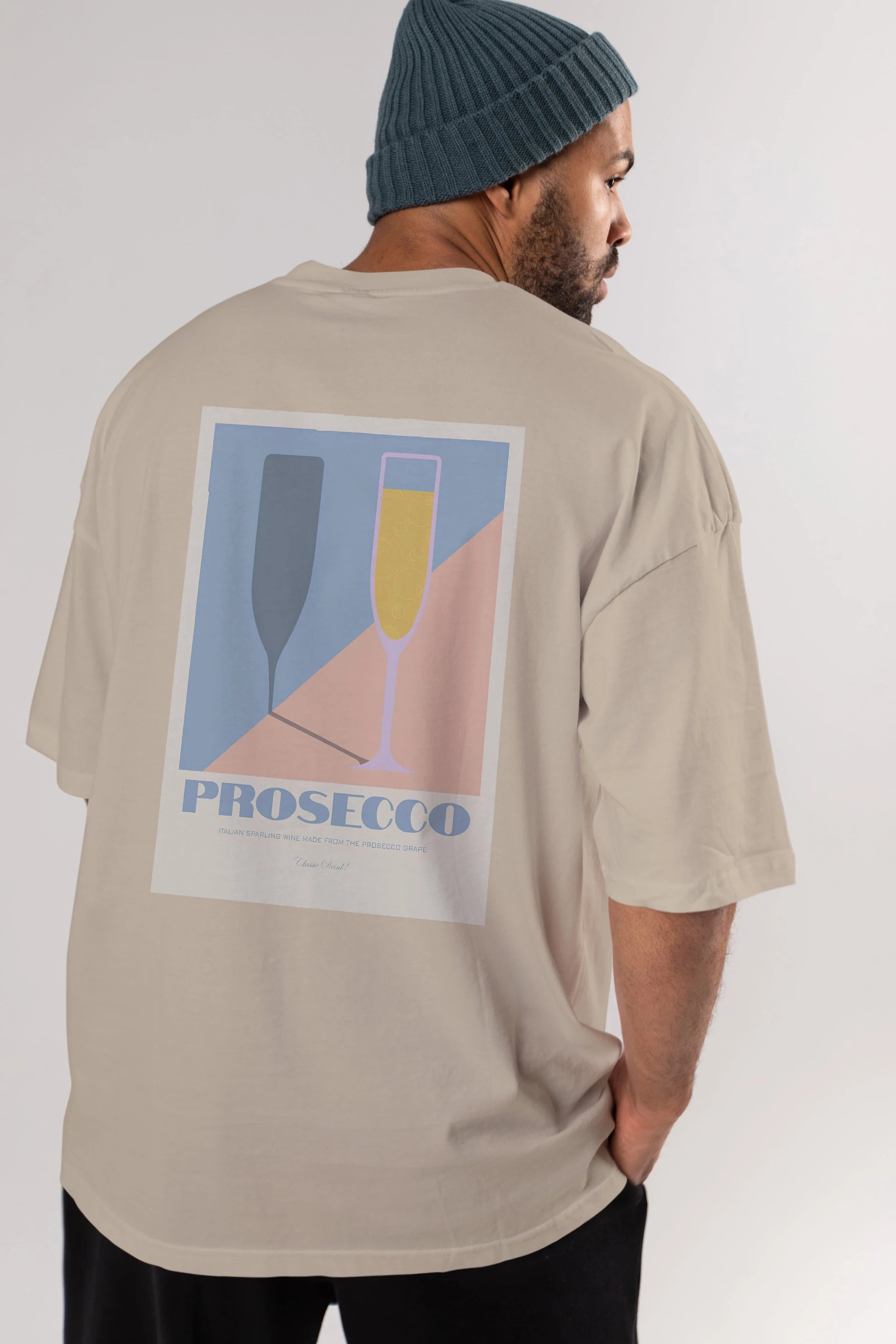 Prosecco Arka Baskılı Oversize t-shirt Erkek Kadın Unisex %100 Pamuk Bisiklet Yaka tişort