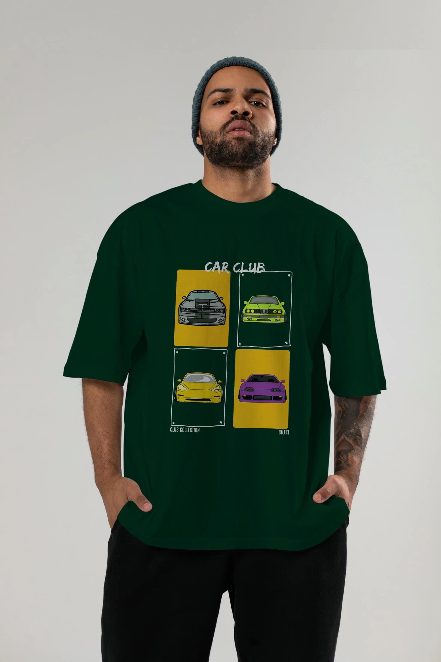 Car Club ön Baskılı Oversize t-shirt Erkek Kadın %100 Pamuk Bisiklet Yaka tişort