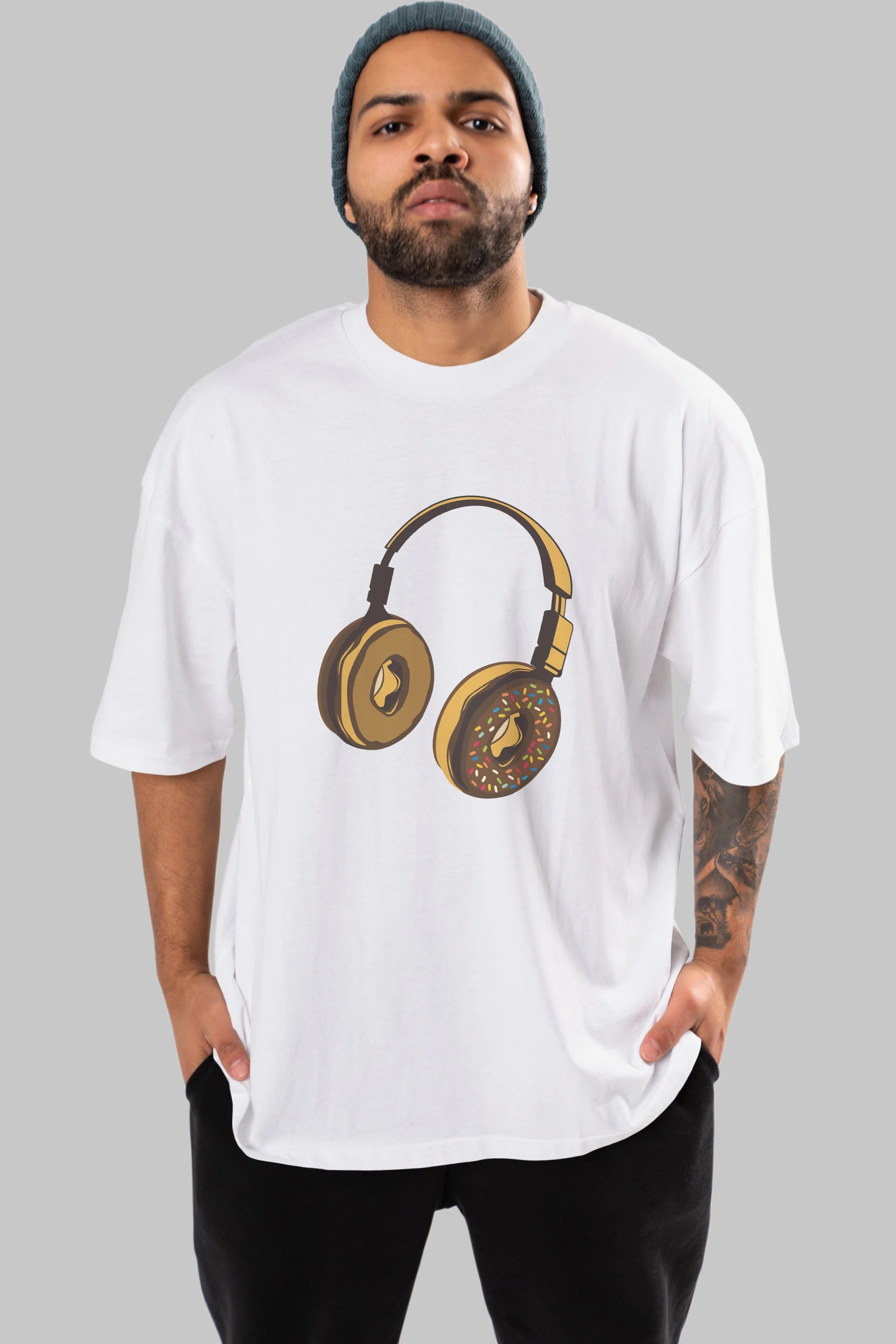 Headphone Donut Ön Baskılı Oversize t-shirt %100 pamuk Erkek Kadın Unisex