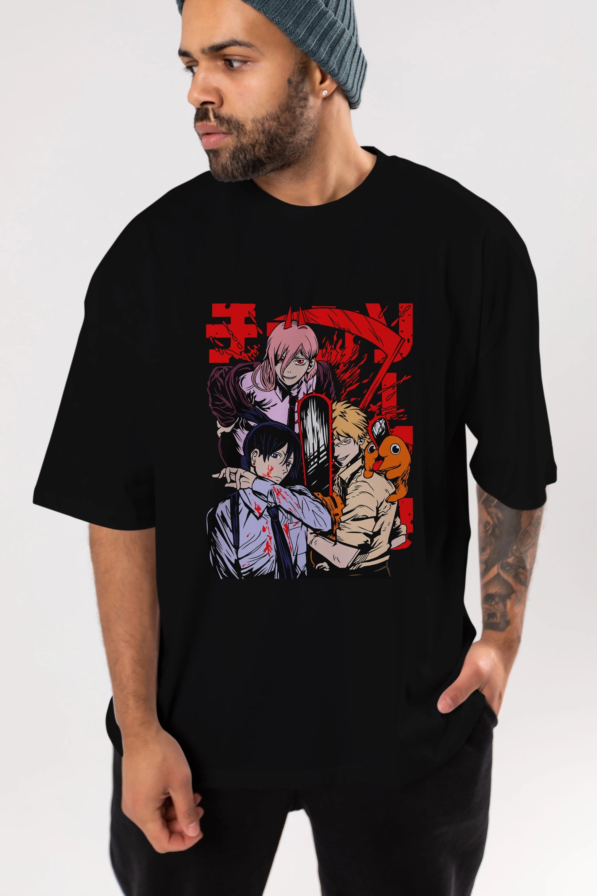 CHAINSAWMAN CREW Anime Ön Baskılı Oversize t-shirt %100 pamuk Erkek Kadın Unisex