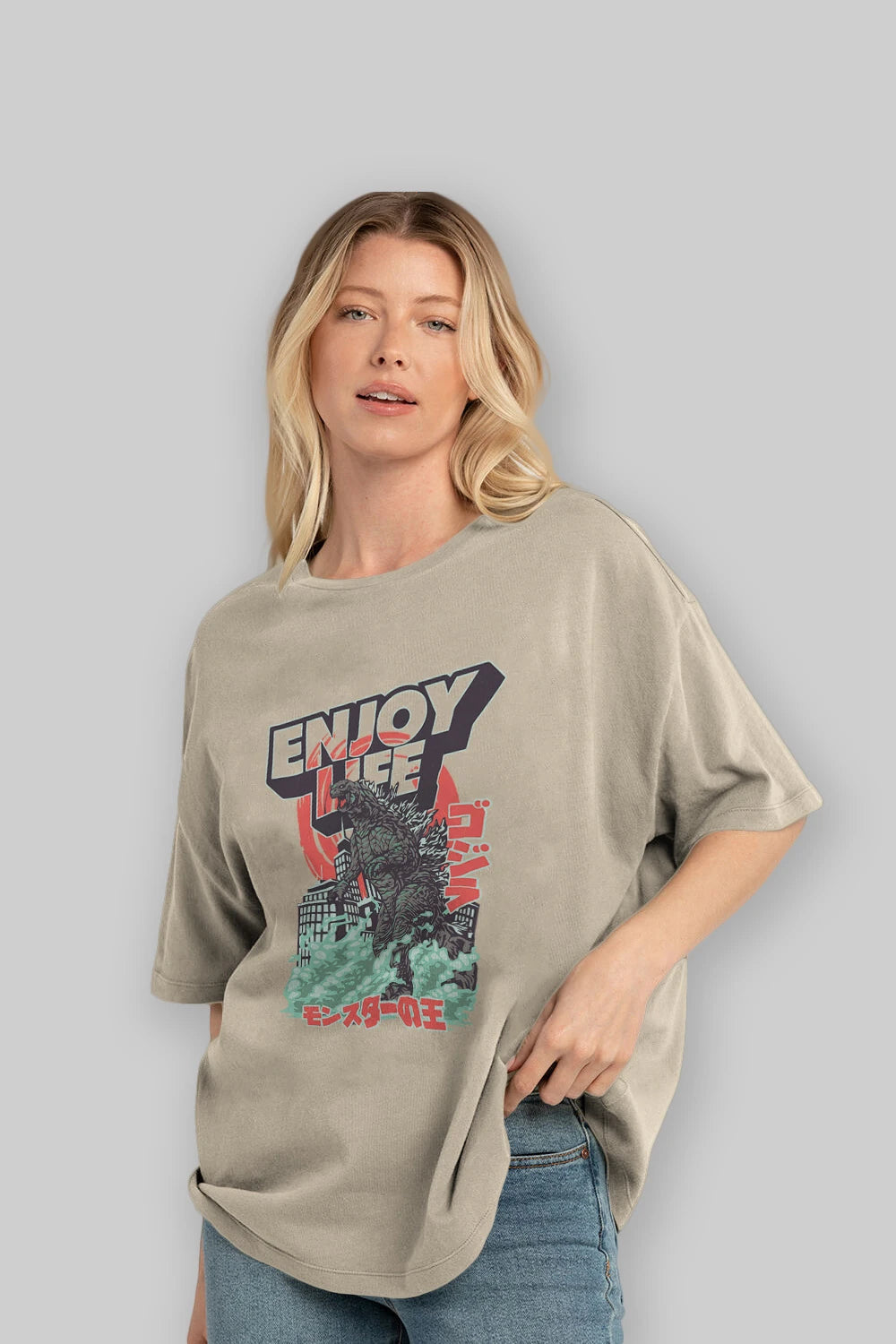 Godzilla Ön Baskılı Oversize t-shirt Erkek Kadın Unisex %100 Pamuk Bisiklet Yaka tişort