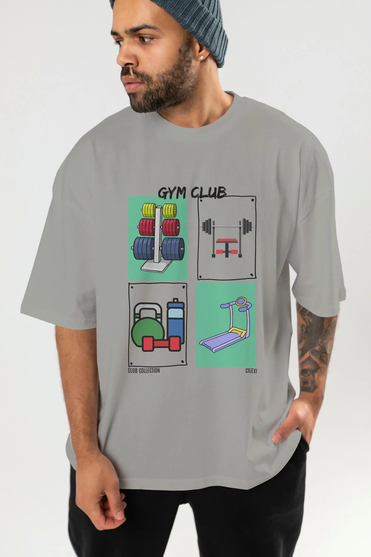 Gym Club ön Baskılı Oversize t-shirt Erkek Kadın %100 Pamuk Bisiklet Yaka tişort