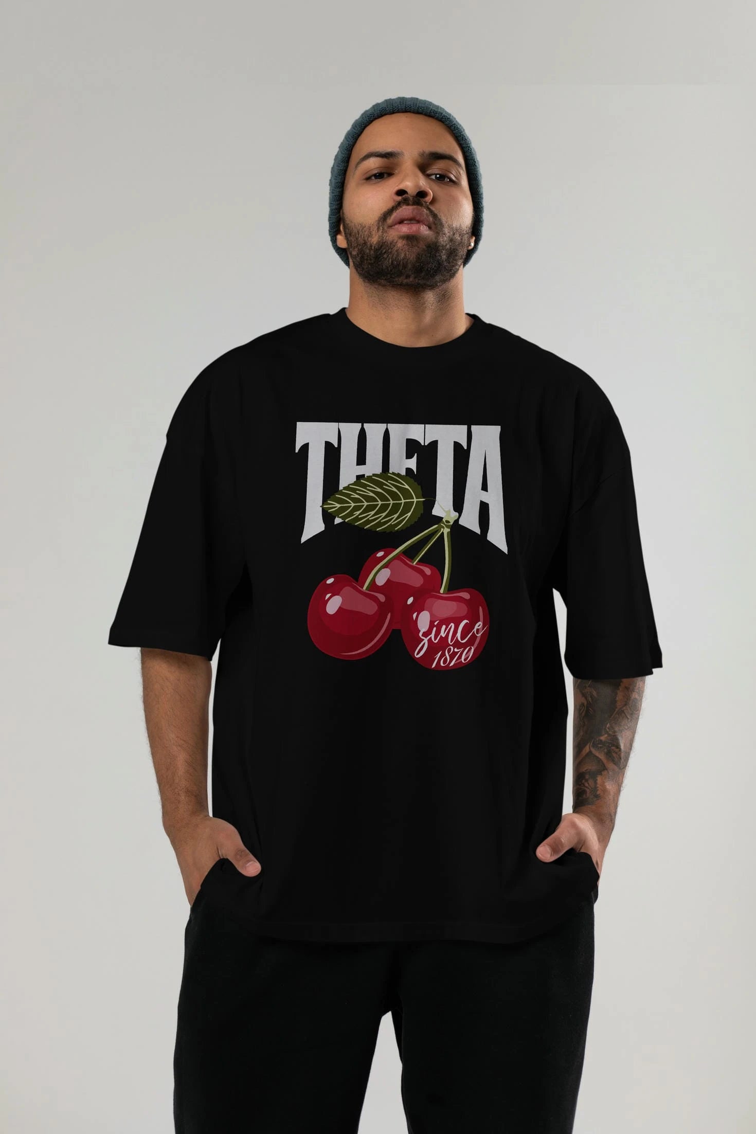 Theta Cherry Cherries Ön Baskılı Oversize t-shirt Erkek Kadın Pamuk Bisiklet Yaka tişort