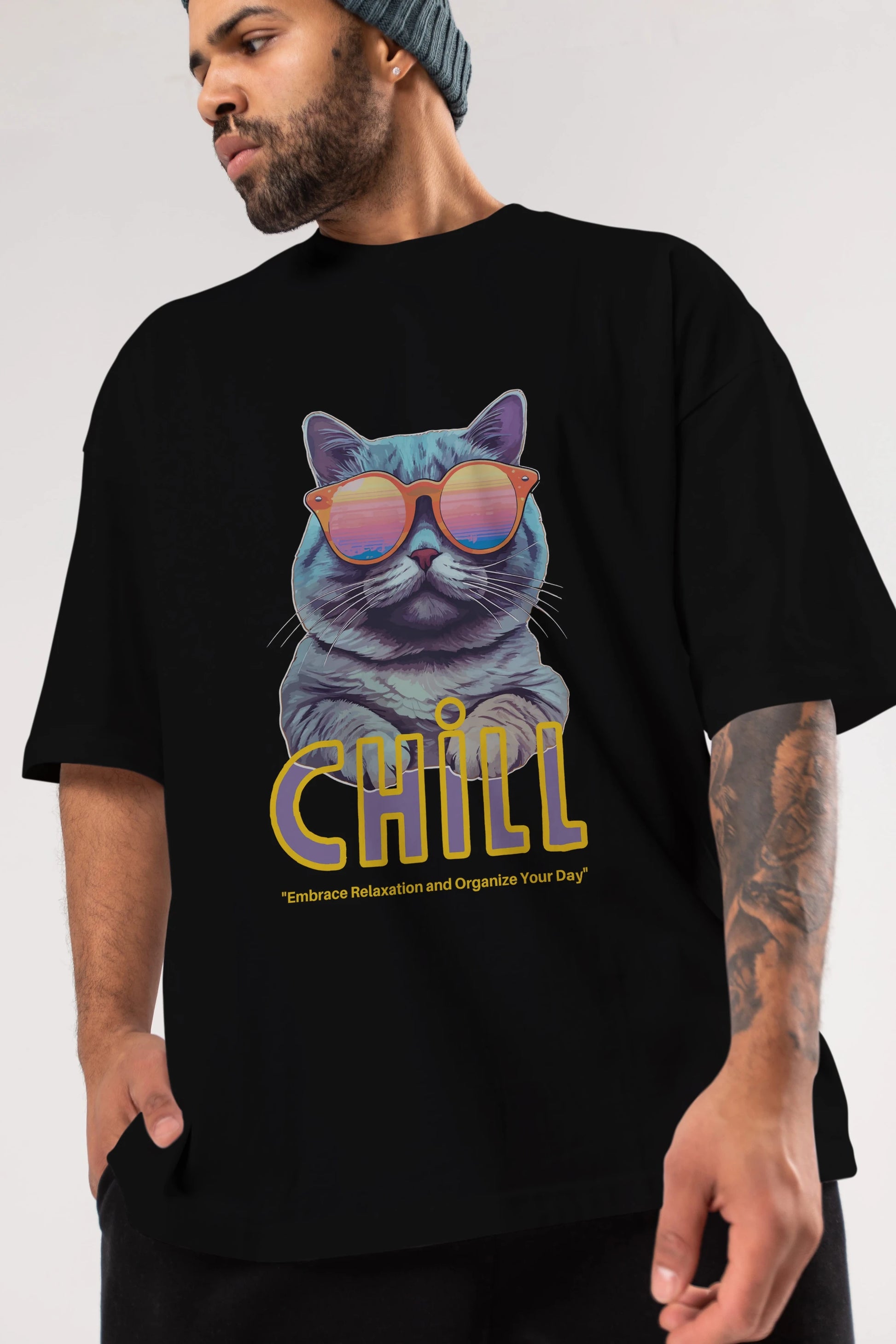Chill Cat Ön Baskılı Oversize t-shirt Erkek Kadın Unisex