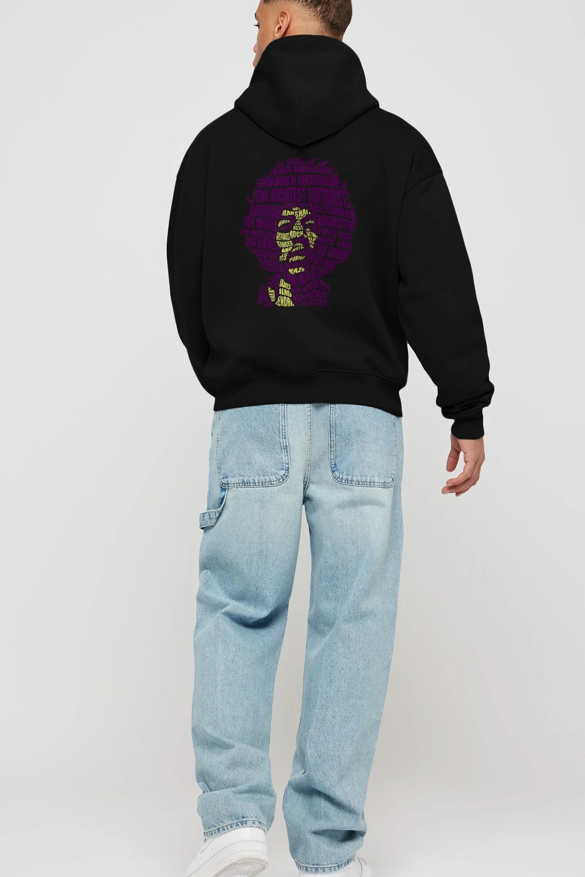 Jimmy Hendrix Calligram Arka Baskılı Hoodie Oversize Kapüşonlu Sweatshirt Erkek Kadın Unisex