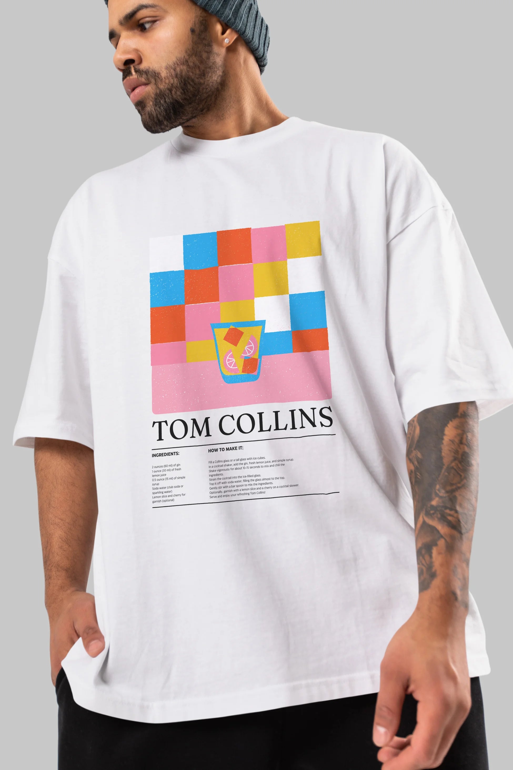 Tom Collins Kokteyl Ön Baskılı Oversize t-shirt Erkek Kadın %100 Pamuk Bisiklet Yaka tişort
