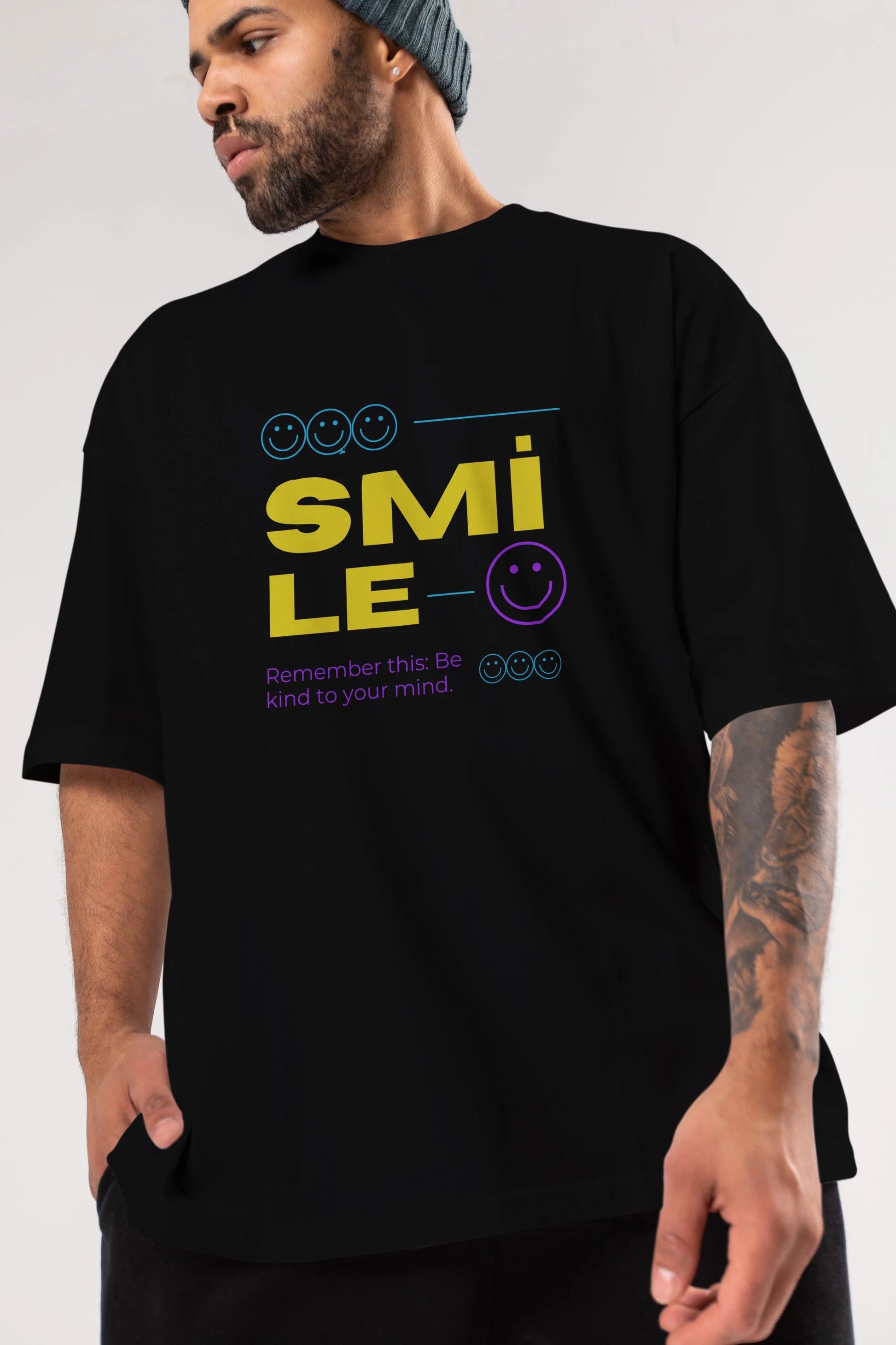 Smile Yazılı 2 Ön Baskılı Oversize t-shirt Erkek Kadın Unisex