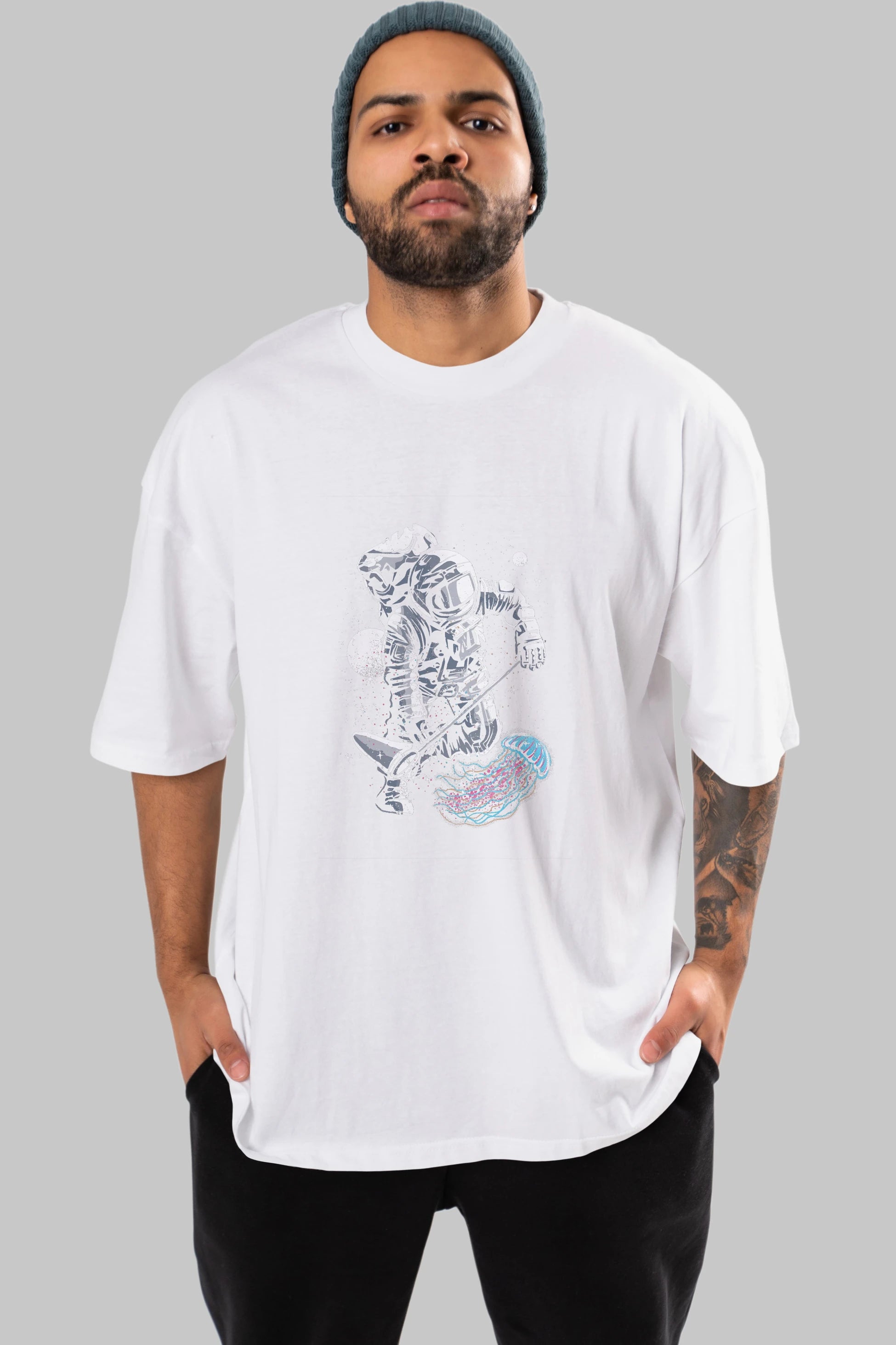 Astronaut Jellyfish Ön Baskılı Oversize t-shirt Erkek Kadın Unisex %100 Pamuk tişort