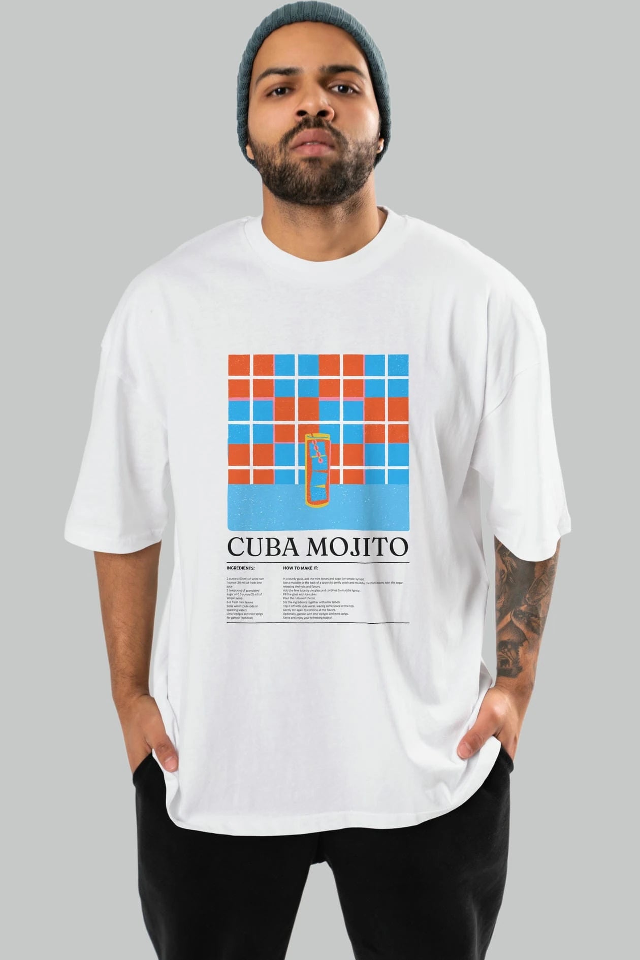 Cuba Mojito Kokteyl Ön Baskılı Oversize t-shirt Erkek Kadın %100 Pamuk Bisiklet Yaka tişort