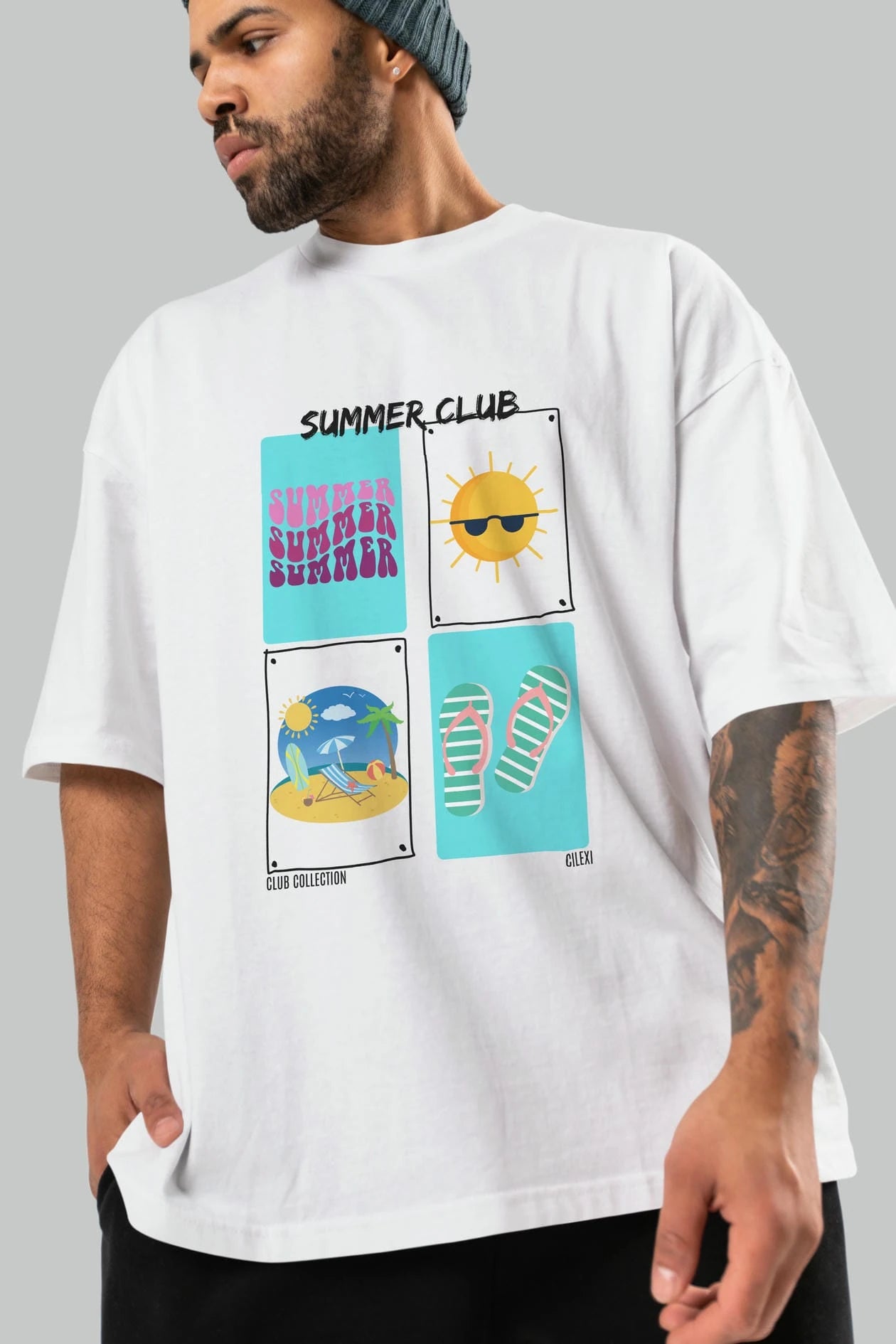 Summer Club ön Baskılı Oversize t-shirt Erkek Kadın %100 Pamuk Bisiklet Yaka tişort