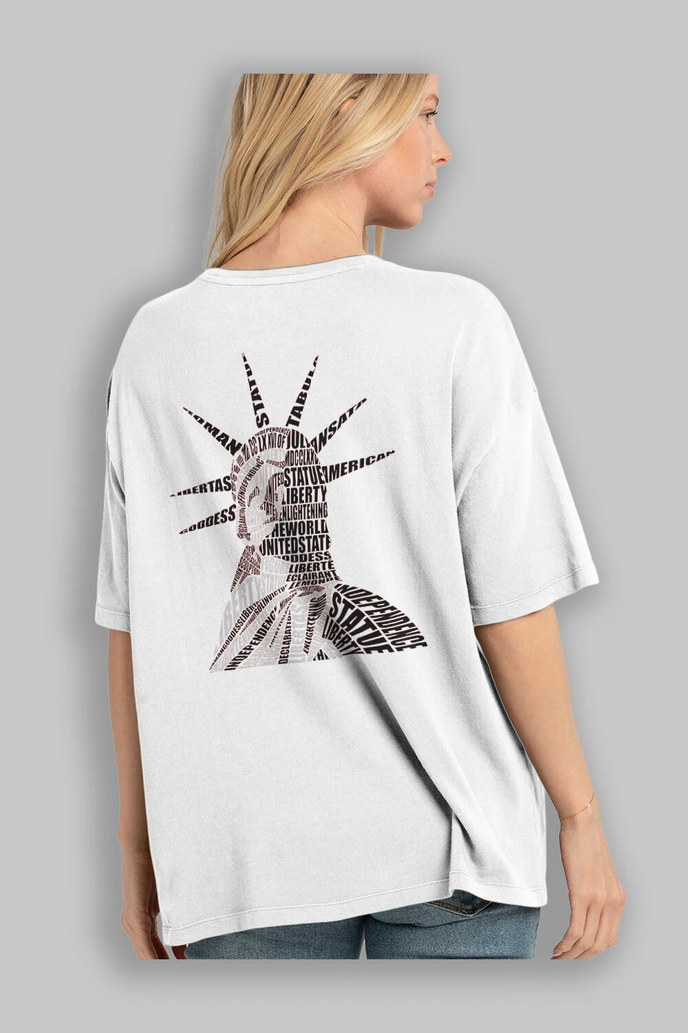 Liberty Statue Calligram Arka Baskılı Oversize t-shirt %100 pamuk Erkek Kadın Unisex