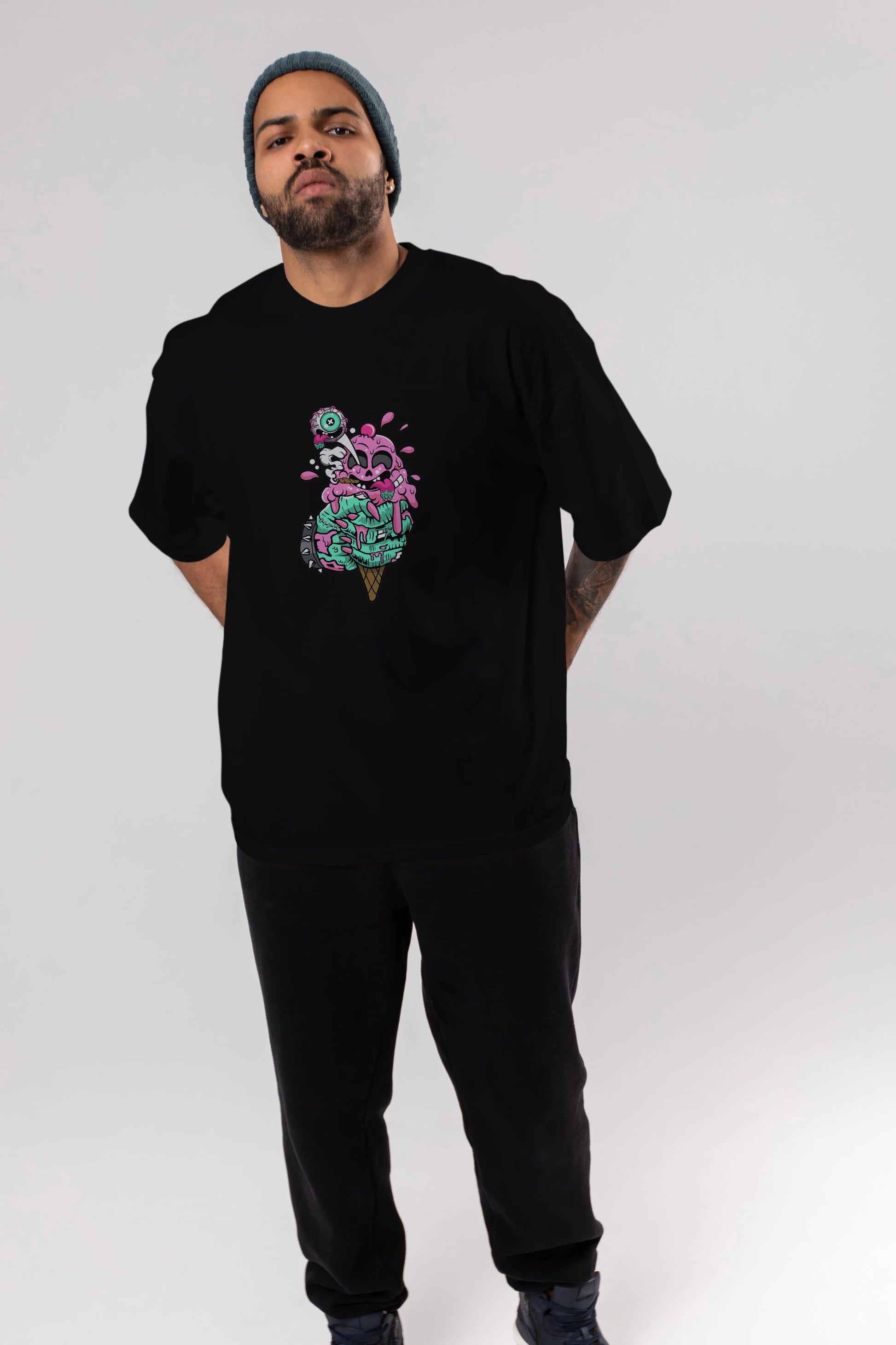 Ice Cream Zombie Ön Baskılı Oversize t-shirt Erkek Kadın Unisex %100 Pamuk tişort