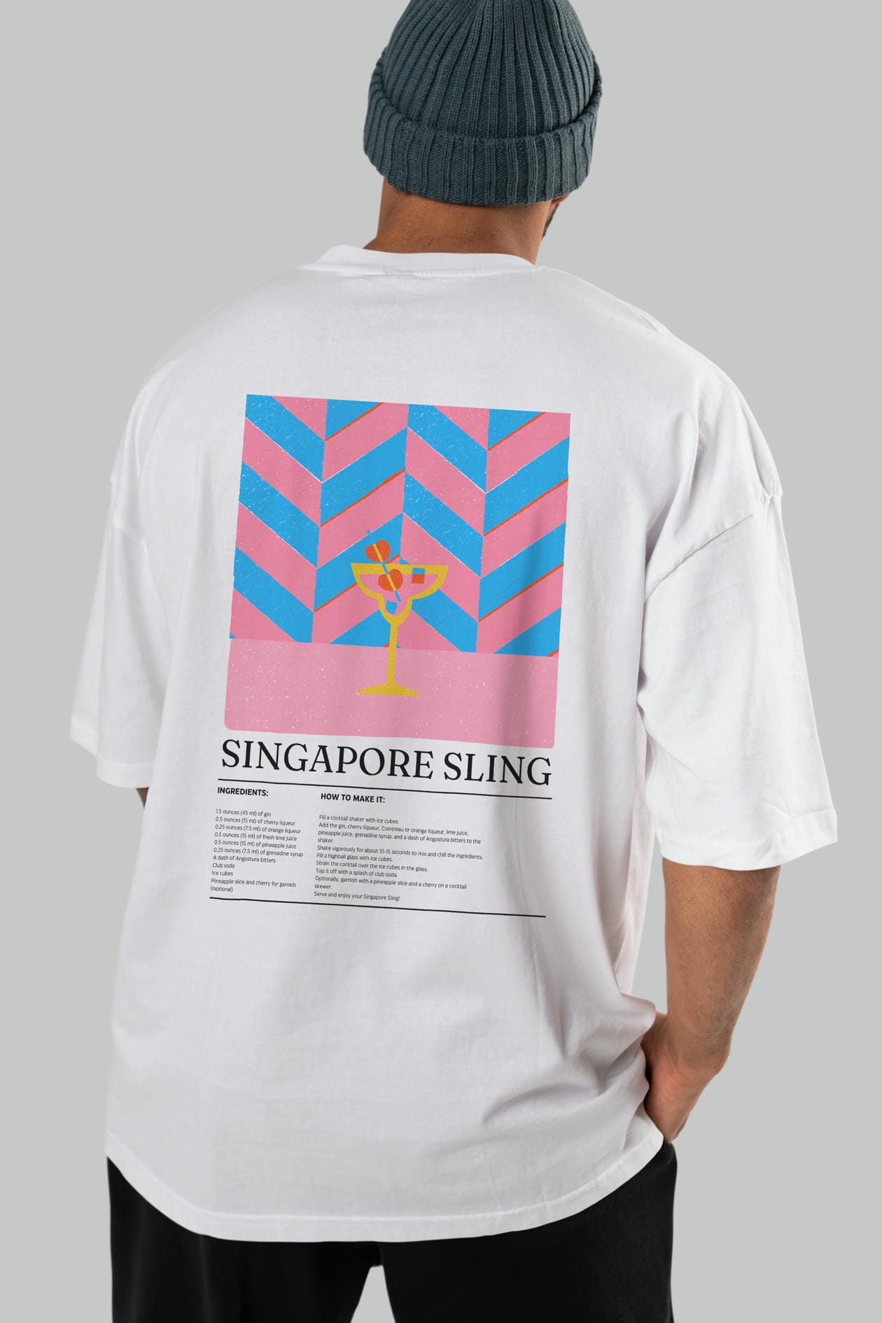 Singapore Sling Kokteyl Serisi Arka Baskılı Oversize t-shirt Erkek Kadın %100 Pamuk Bisiklet Yaka tişort