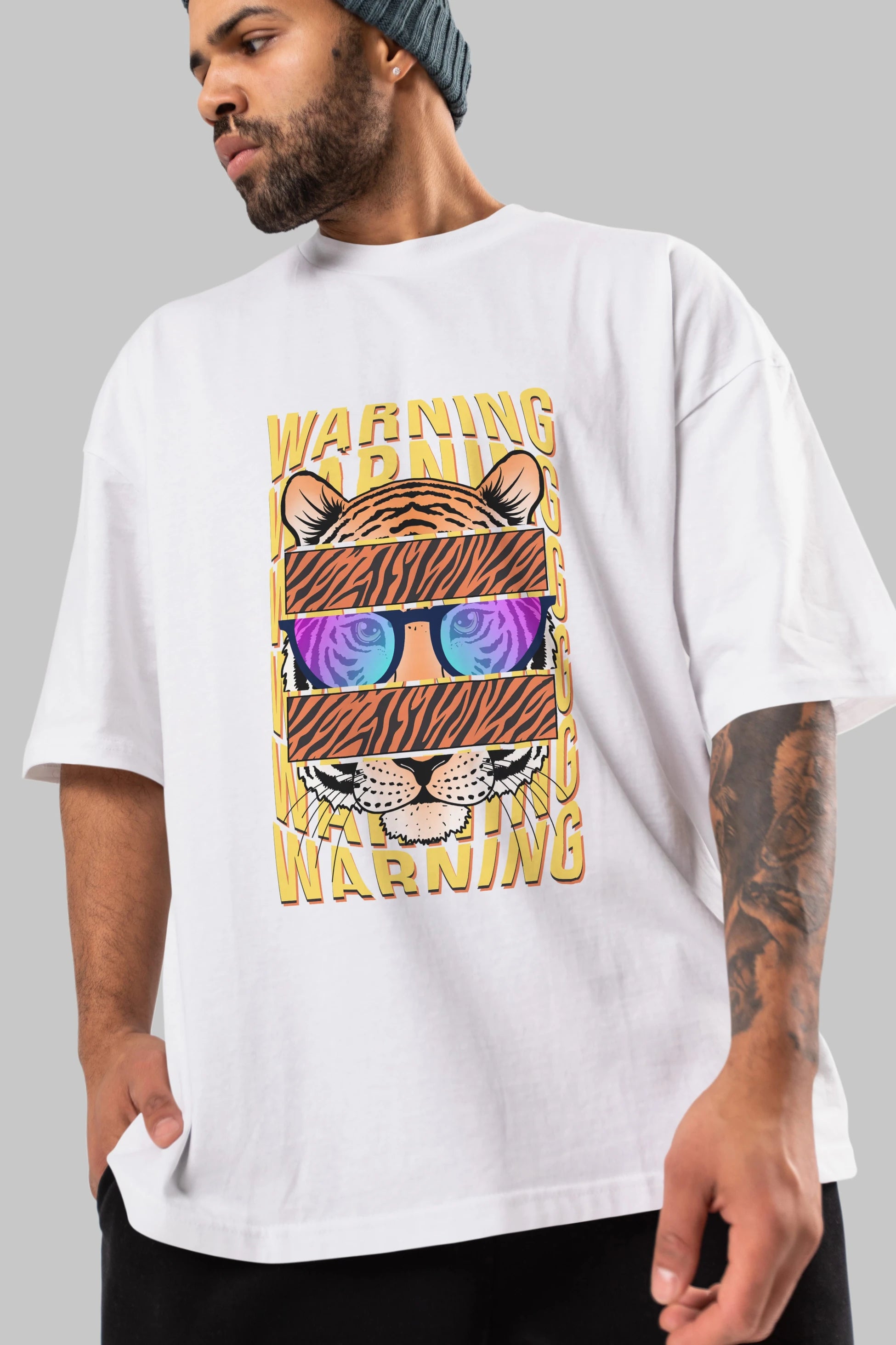 Warning Yazılı Ön Baskılı Oversize t-shirt Erkek Kadın Unisex