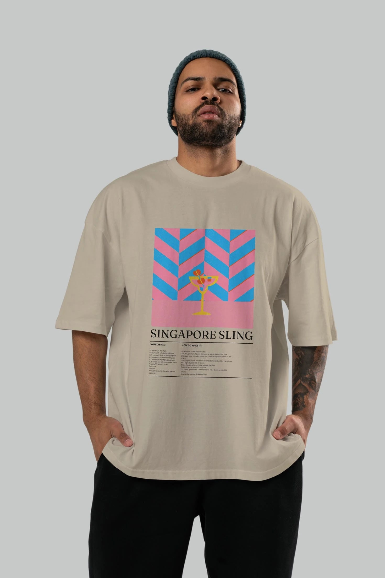 Sıngapore Sling Kokteyl Ön Baskılı Oversize t-shirt Erkek Kadın %100 Pamuk Bisiklet Yaka tişort