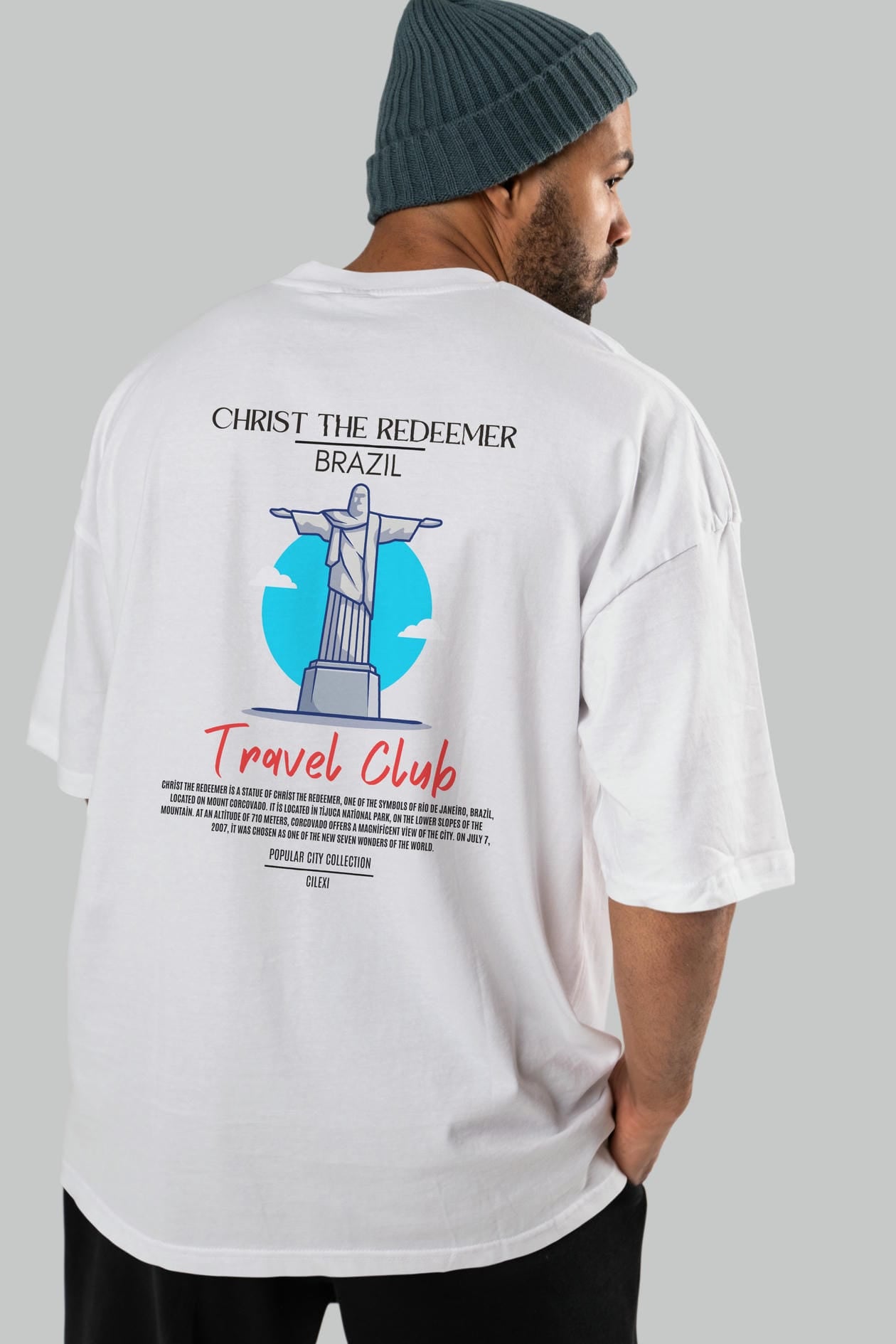 Christ The Redeemer Brazil Arka Baskılı Oversize t-shirt Erkek Kadın Pamuk Bisiklet Yaka tişort