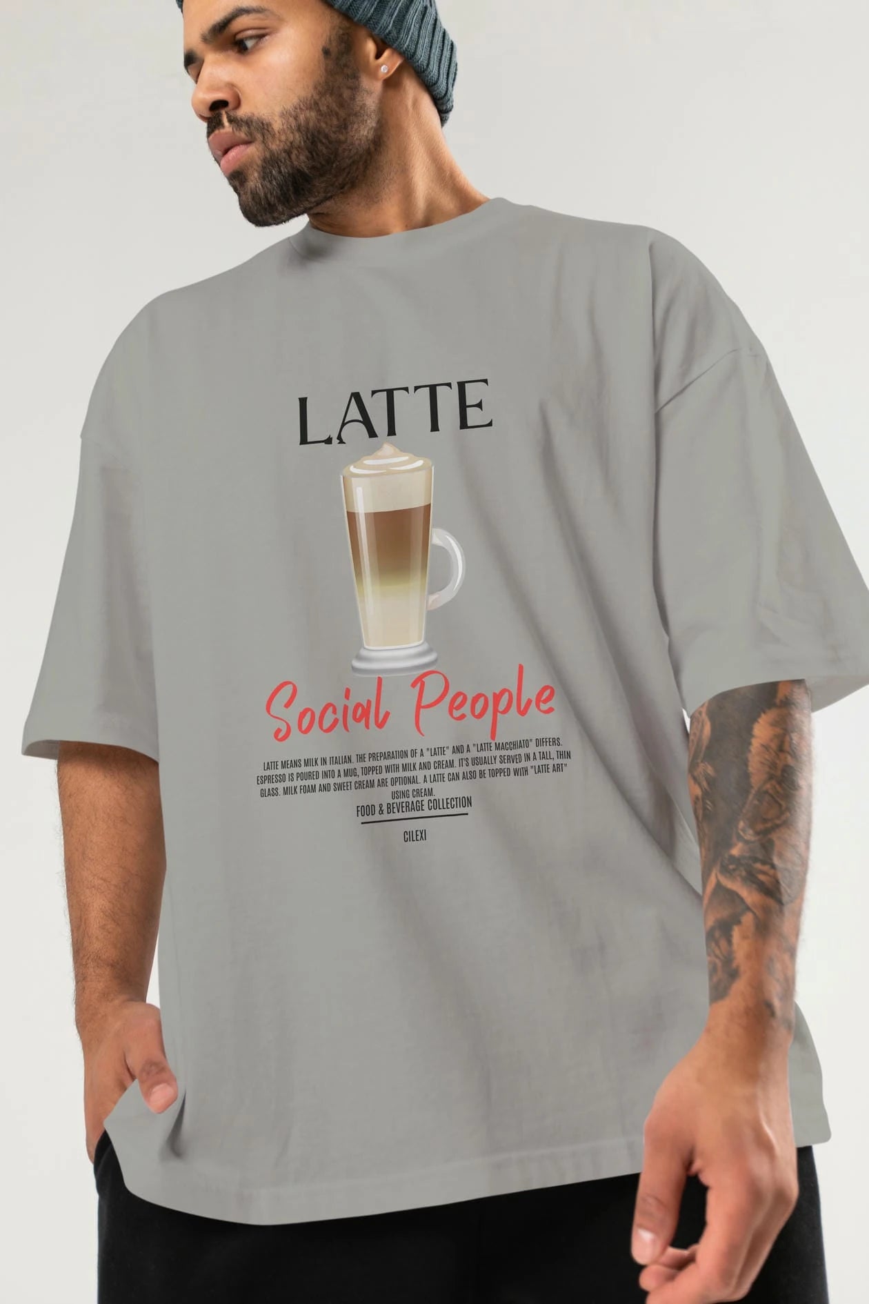 Latte Kokteyl Serisi ön Baskılı Oversize t-shirt Erkek Kadın %100 Pamuk Bisiklet Yaka tişort
