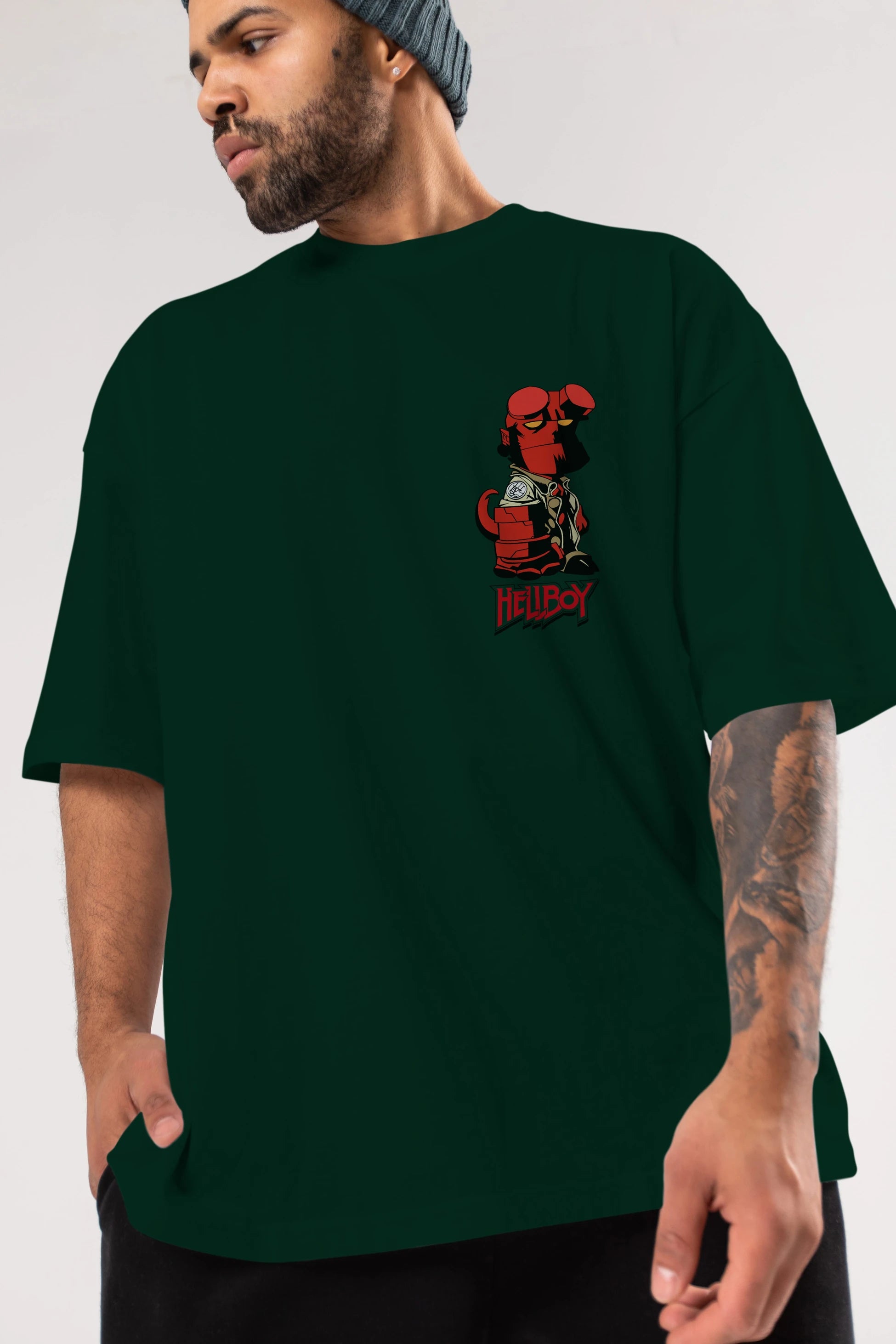 Hellboy (1) Ön Sol Baskılı Oversize t-shirt Erkek Kadın Unisex %100 Pamuk Bisiklet Yaka tişort