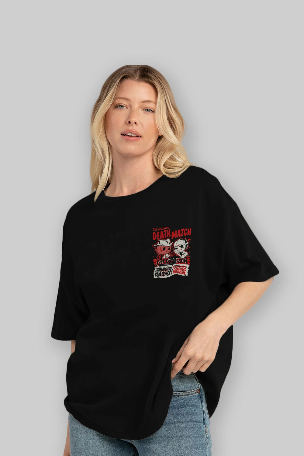 Freddy vs Jason Ön Sol Baskılı Oversize t-shirt Erkek Kadın Unisex %100 Pamuk Bisiklet Yaka tişort