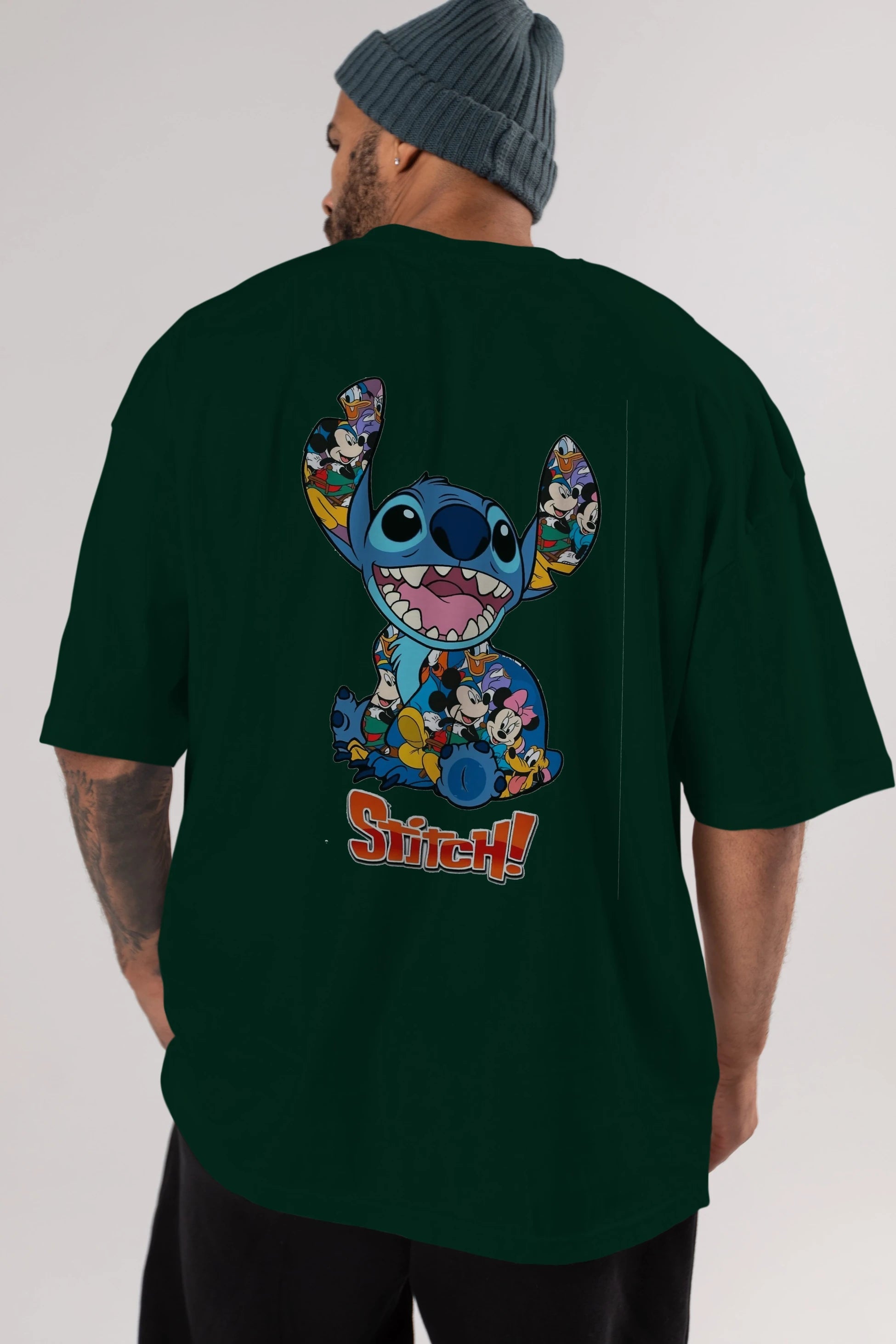 Stitch Arka Baskılı Oversize t-shirt Erkek Kadın Unisex %100 Pamuk Bisiklet Yaka tişort
