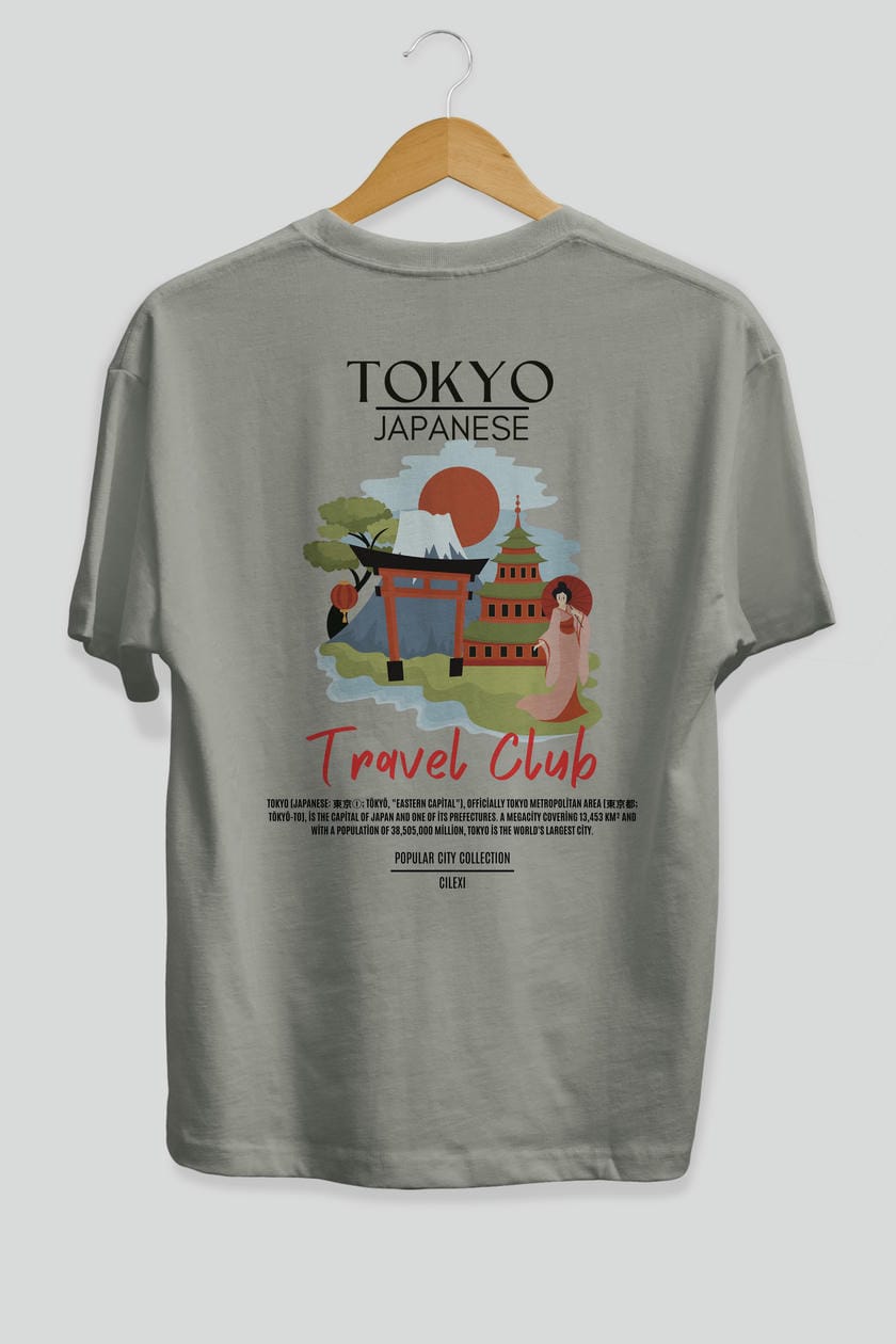 Tokyo Japanese Arka Baskılı Oversize t-shirt Erkek Kadın Pamuk Bisiklet Yaka tişort