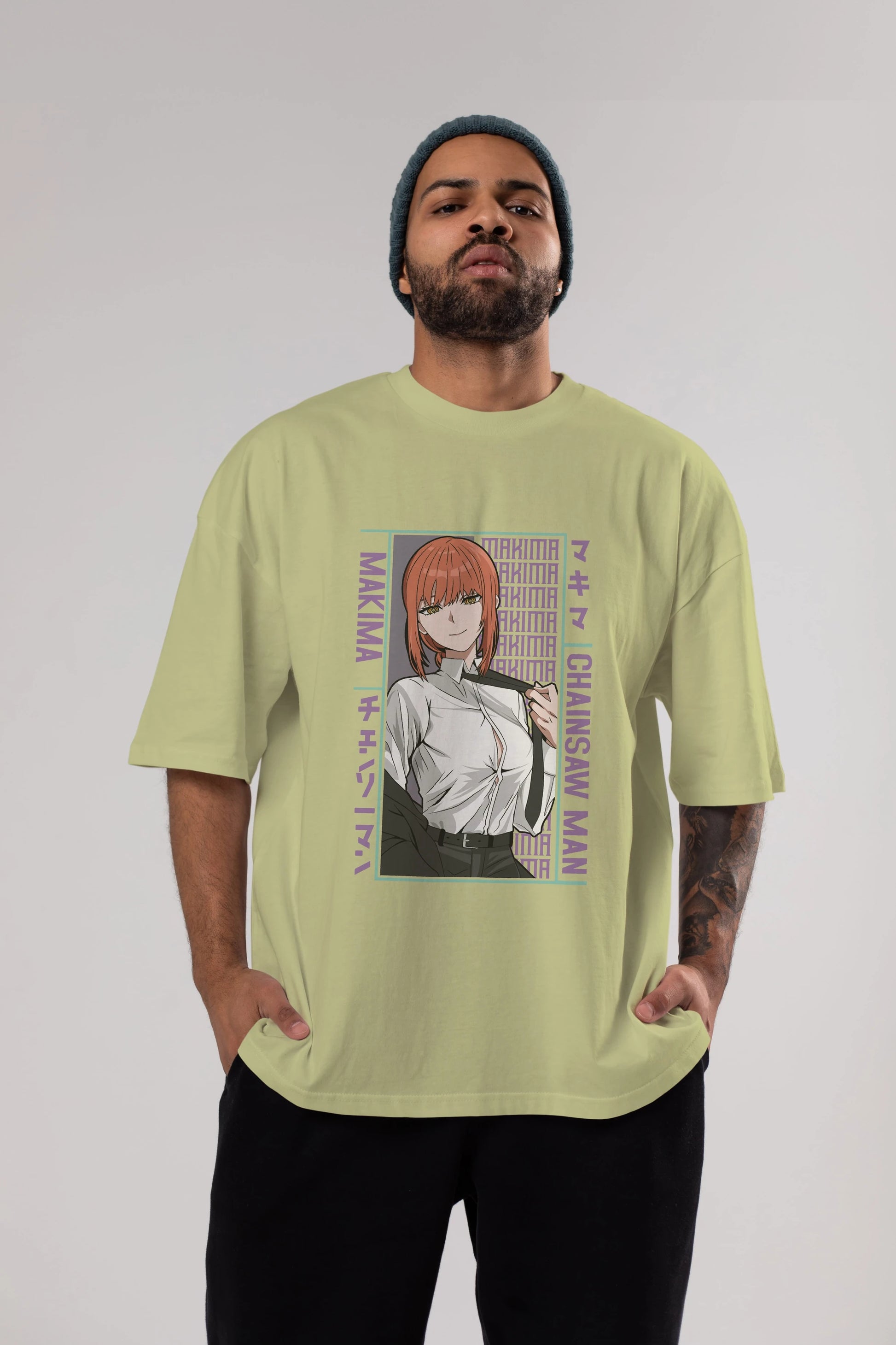 Makima Chain Saw Man Anime Ön Baskılı Oversize t-shirt %100 pamuk Erkek Kadın Unisex