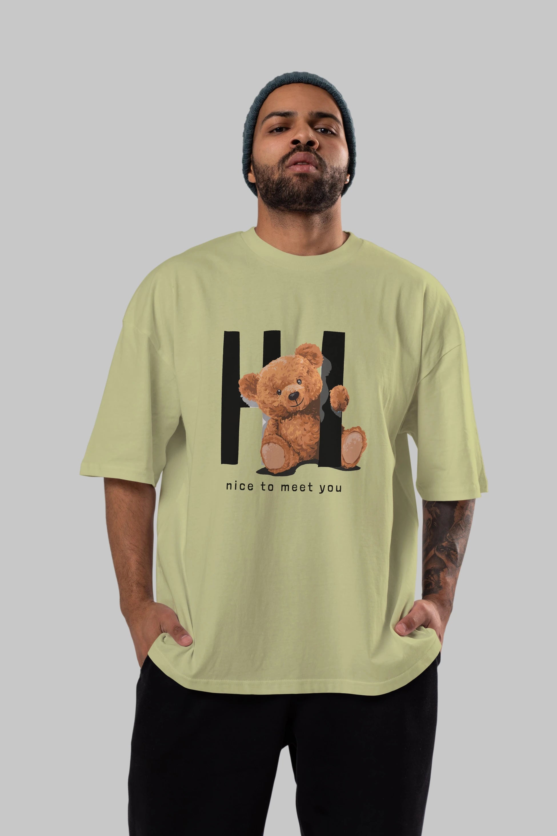 Teddy Bear Hi Nice To Meet You Ön Baskılı Oversize t-shirt Erkek Kadın Unisex %100 Pamuk