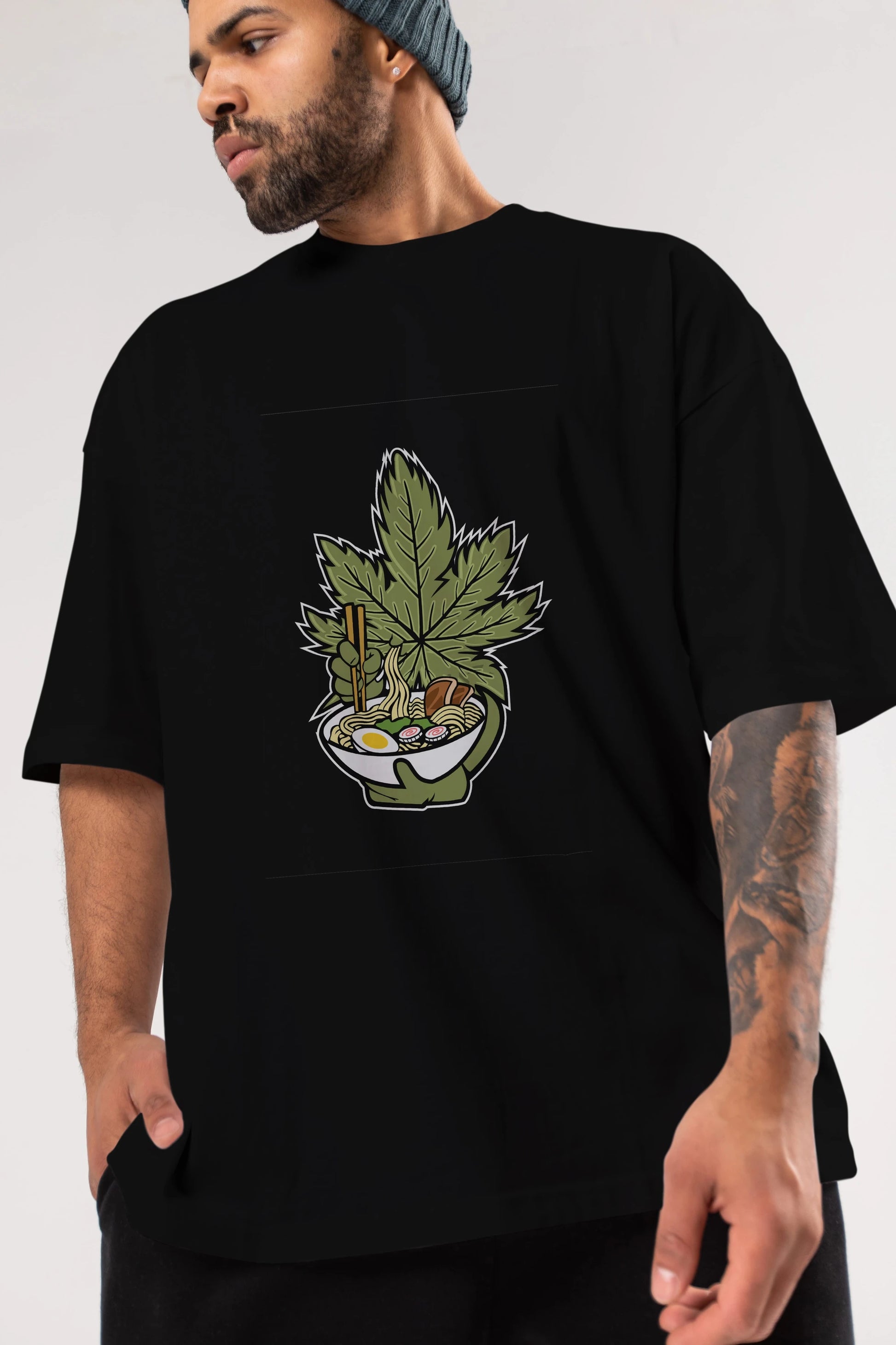 Weed Ramen Ön Baskılı Oversize t-shirt Erkek Kadın Unisex %100 Pamuk tişort
