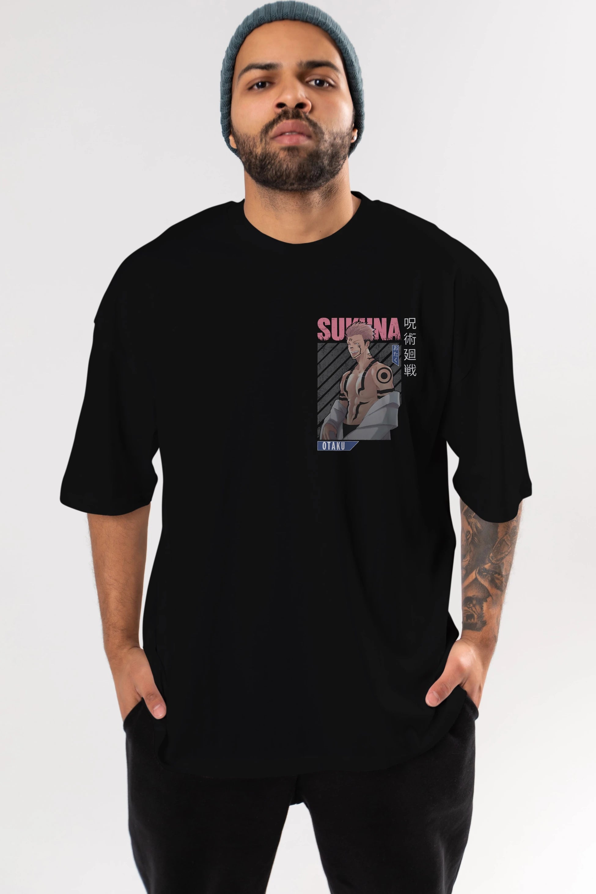 Sukuna Ryoumen Ön Sol Baskılı Oversize t-shirt Erkek Kadın Unisex %100 Pamuk Bisiklet Yaka tişort