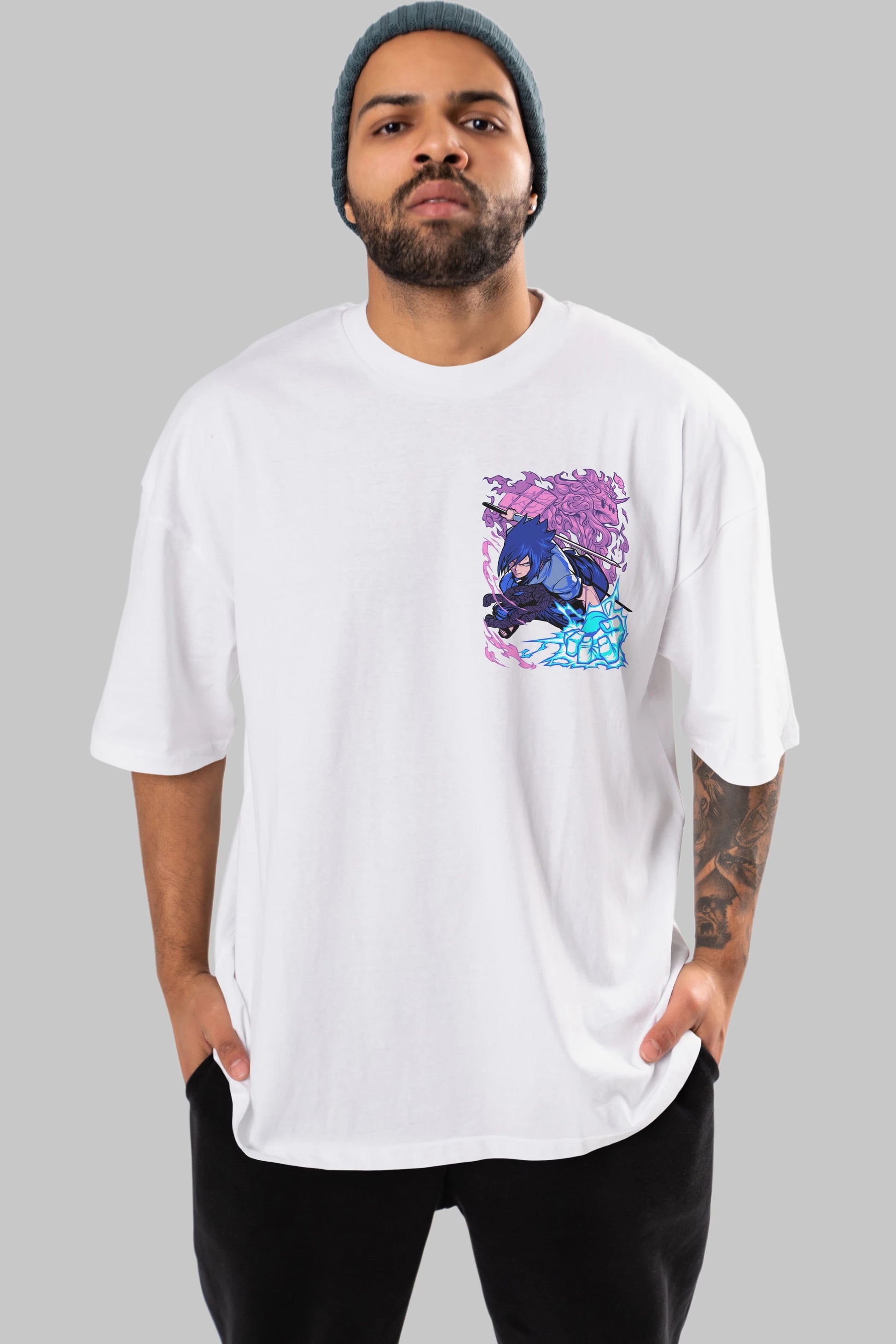 NARUTO SASUKE UCHIHA 2 Ön Sol Baskılı Oversize t-shirt Erkek Kadın Unisex %100 Pamuk Bisiklet Yaka tişort