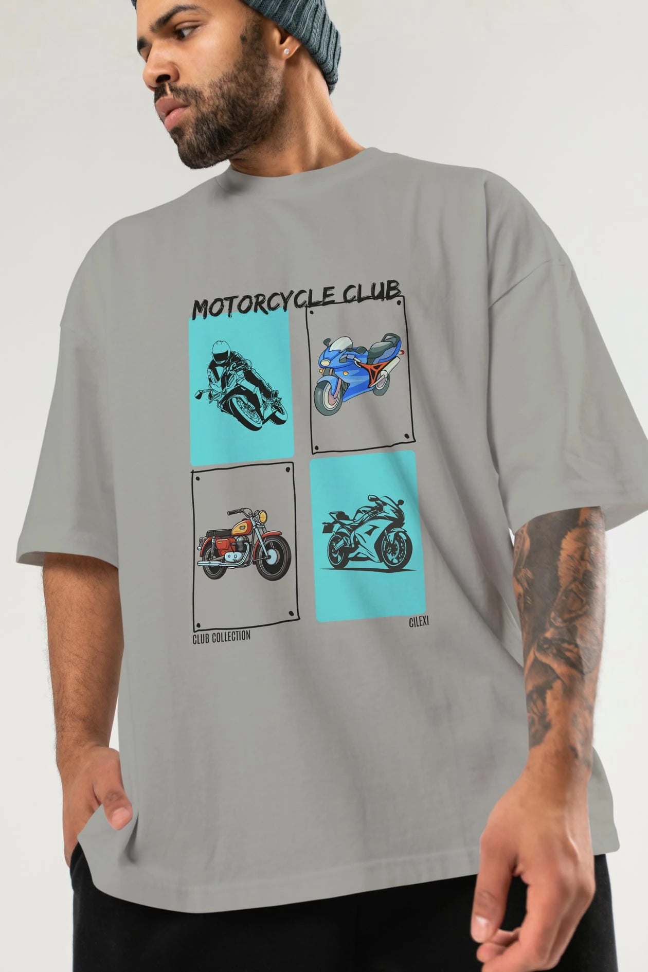 Motorcycle Club ön Baskılı Oversize t-shirt Erkek Kadın %100 Pamuk Bisiklet Yaka tişort