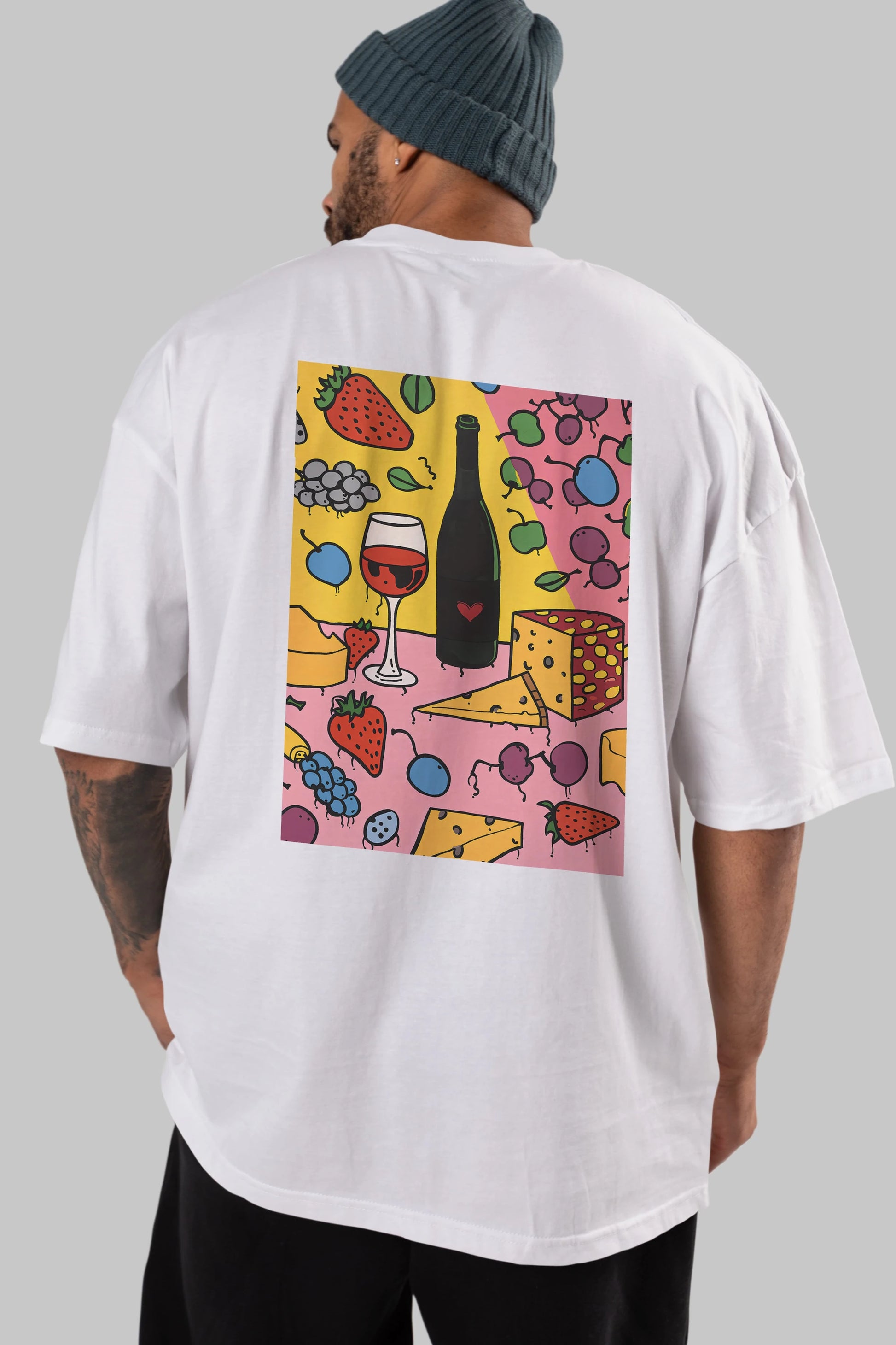 Wine Cheese Fruits Arka Baskılı Oversize t-shirt Erkek Kadın Unisex %100 Pamuk Bisiklet Yaka tişort