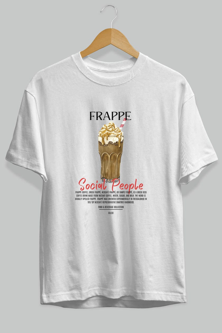 Frappe Kokteyl Serisi ön Baskılı Oversize t-shirt Erkek Kadın %100 Pamuk Bisiklet Yaka tişort