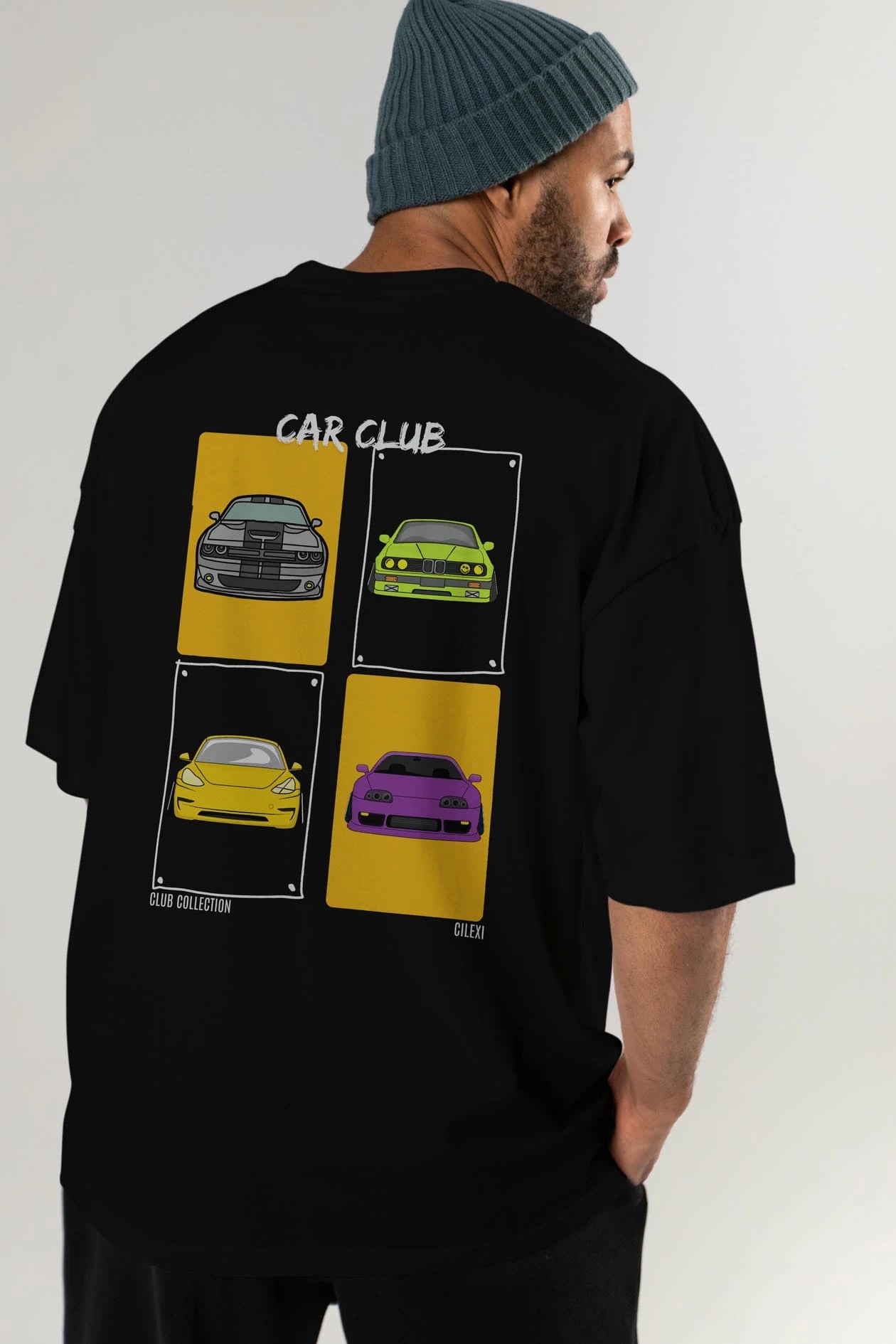 Car Club Arka Baskılı Oversize t-shirt Erkek Kadın %100 Pamuk Bisiklet Yaka tişort