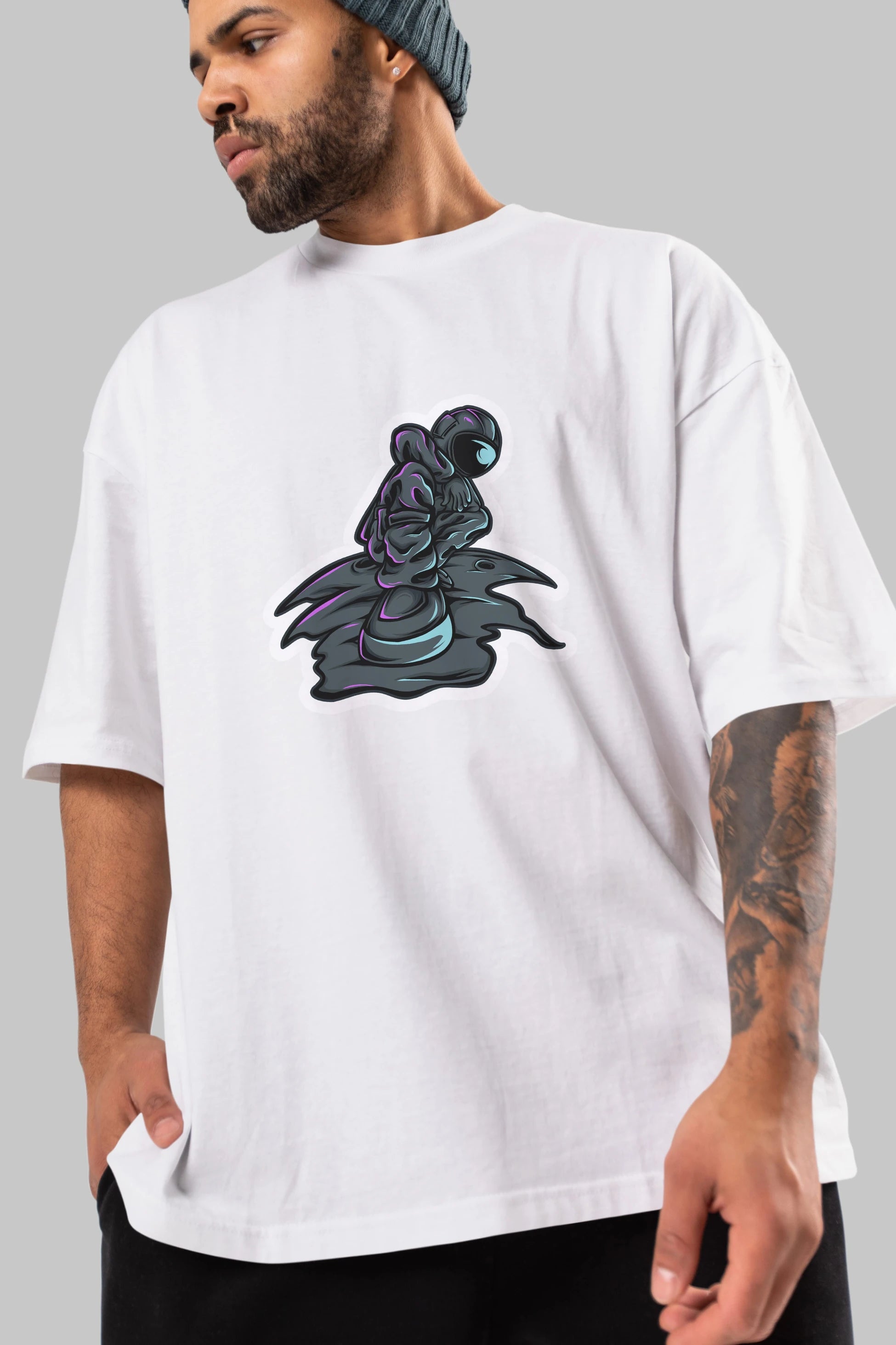 Stylish Astronaut Sticker Ön Baskılı Oversize t-shirt Erkek Kadın Unisex