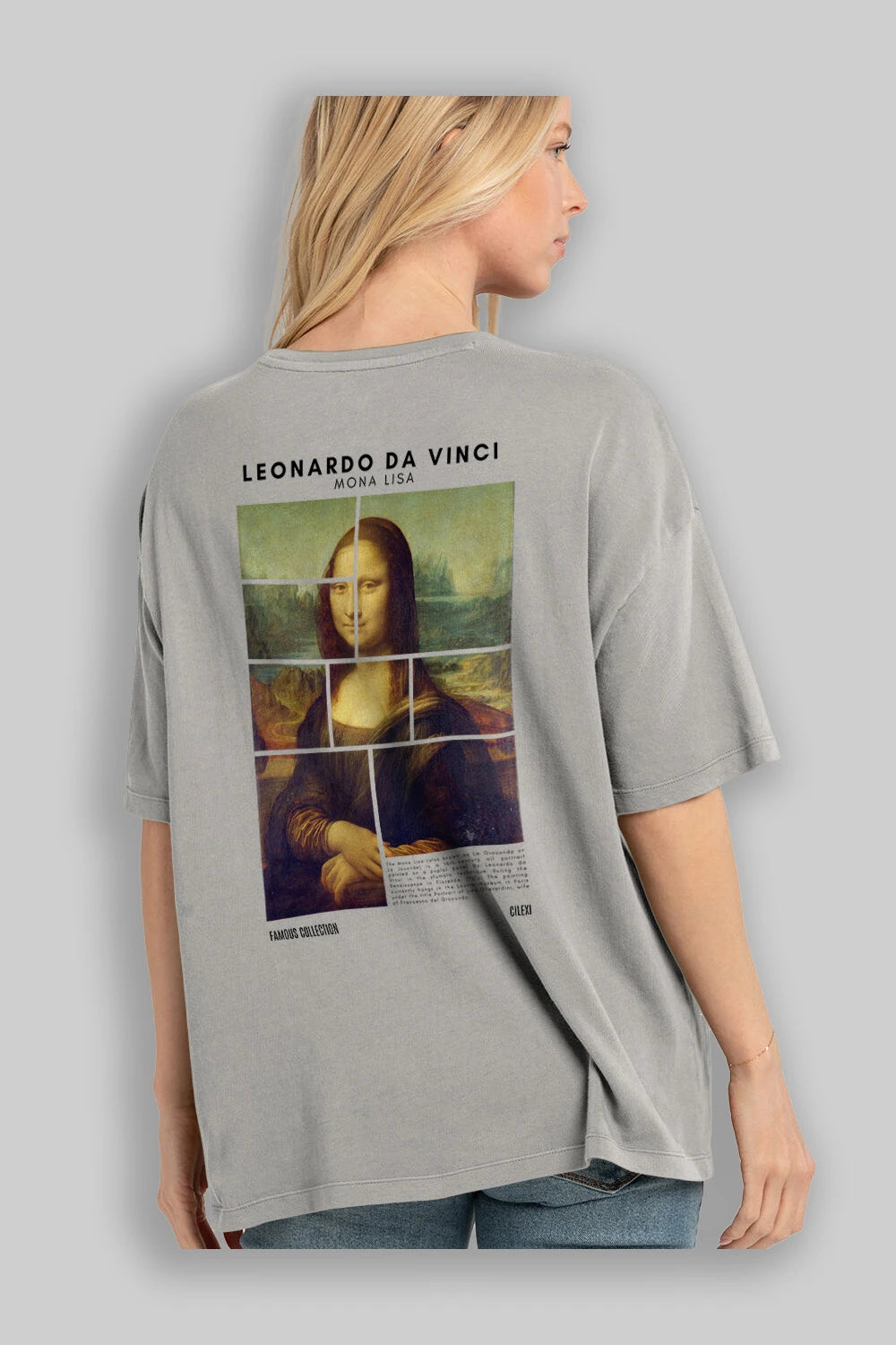 Leonardo Da Vinci Mona Lisa Arka Baskılı Oversize t-shirt Erkek Kadın Bisiklet Yaka Pamuk tişort