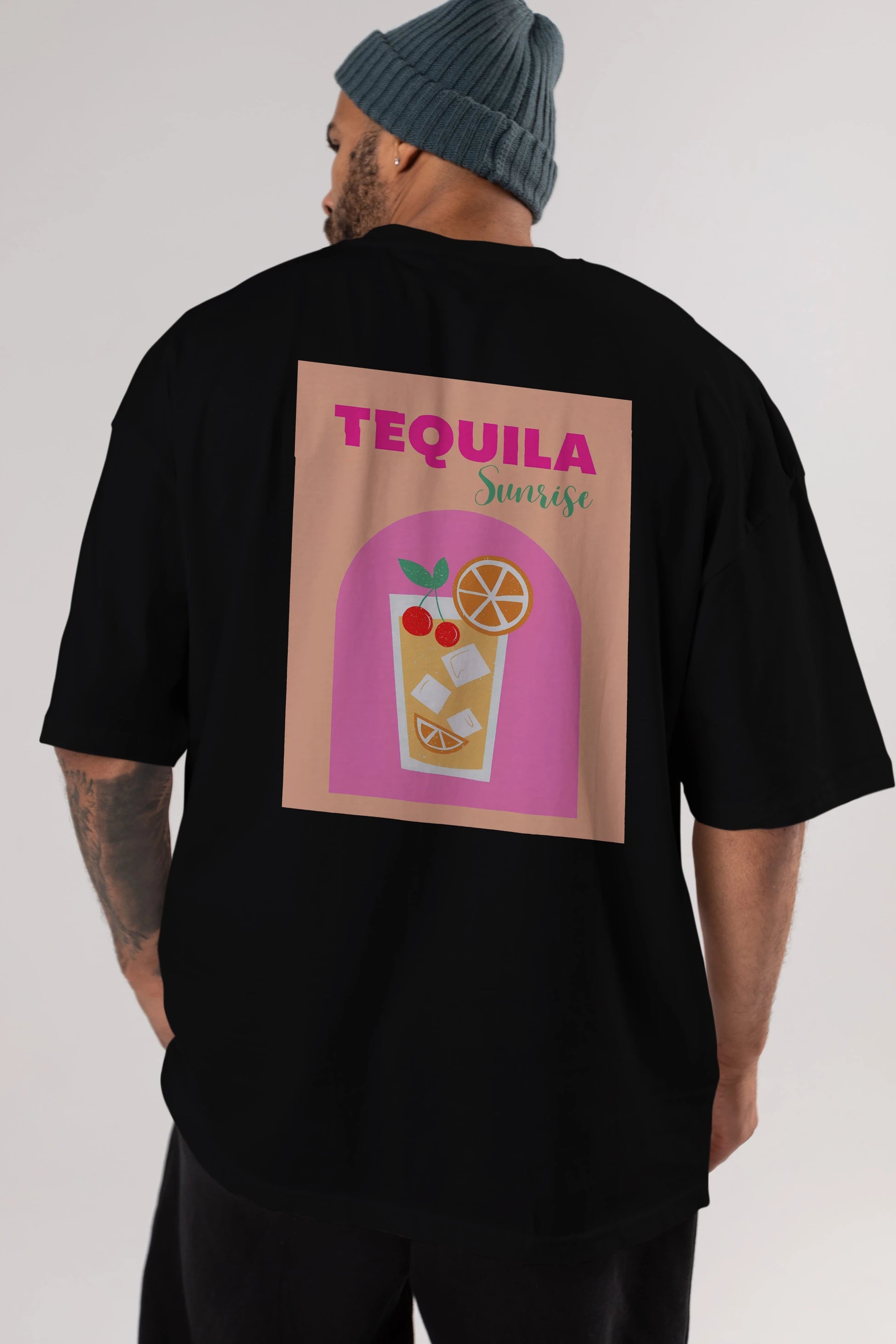 Tequila Sunrise 2 Arka Baskılı Oversize t-shirt Erkek Kadın Unisex %100 Pamuk Bisiklet Yaka tişort
