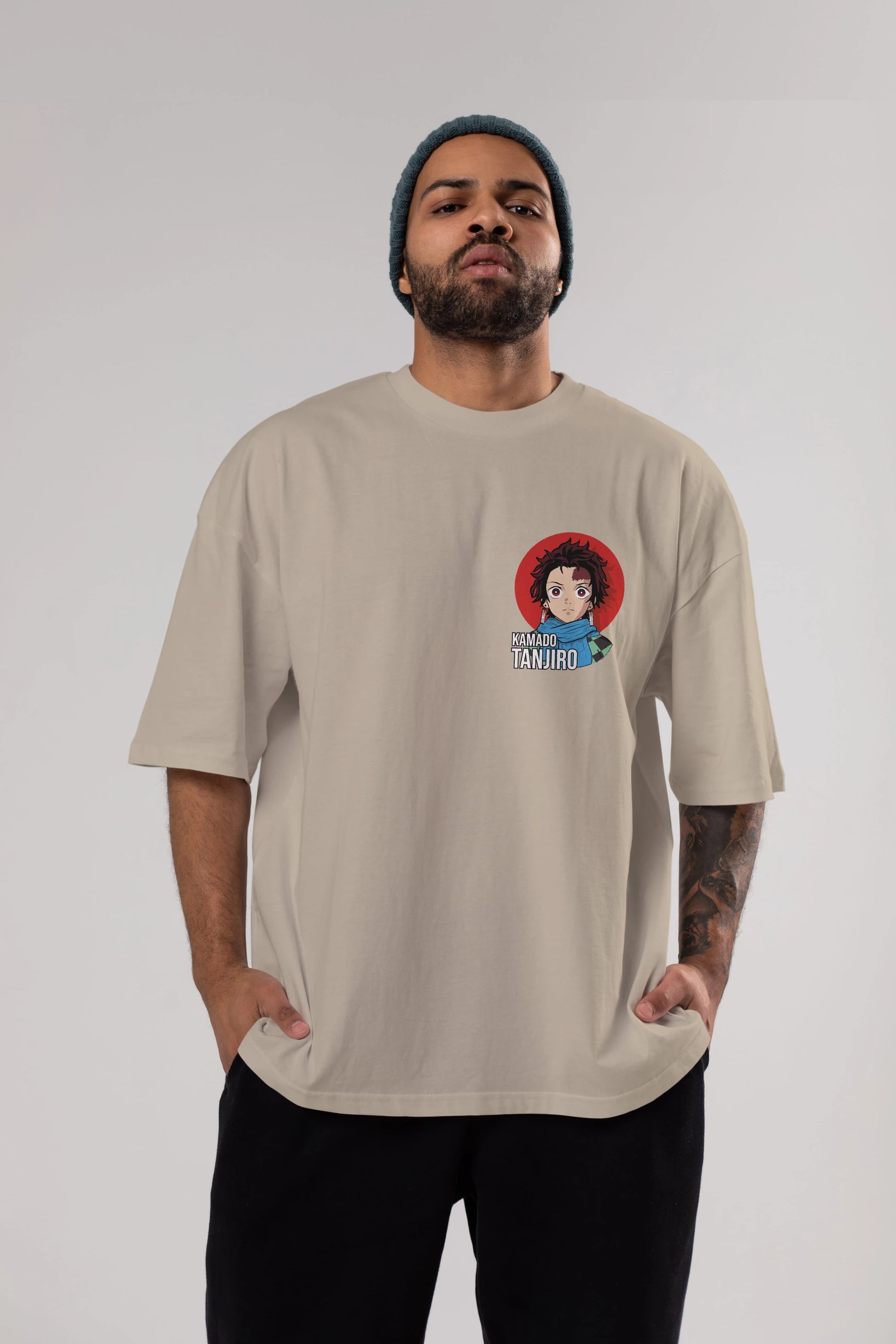 TANJIRO KAMADO Ön Sol Baskılı Oversize t-shirt Erkek Kadın Unisex %100 Pamuk Bisiklet Yaka tişort
