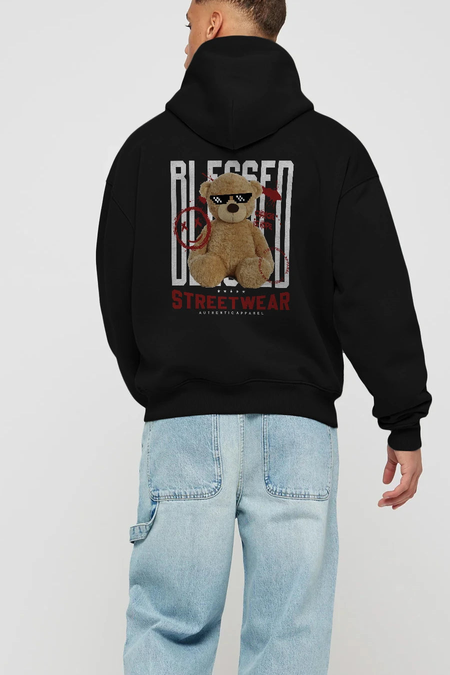 Blessed Bear Arka Baskılı Hoodie Oversize Kapüşonlu Sweatshirt Erkek Kadın Unisex
