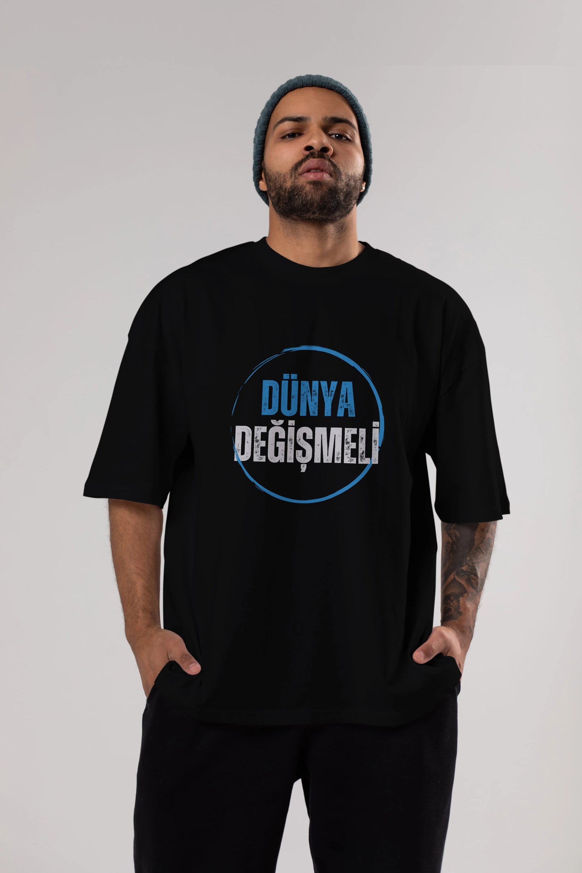 Dünya Değişmeli Yazılı Ön Baskılı Oversize t-shirt Erkek Kadın Unisex