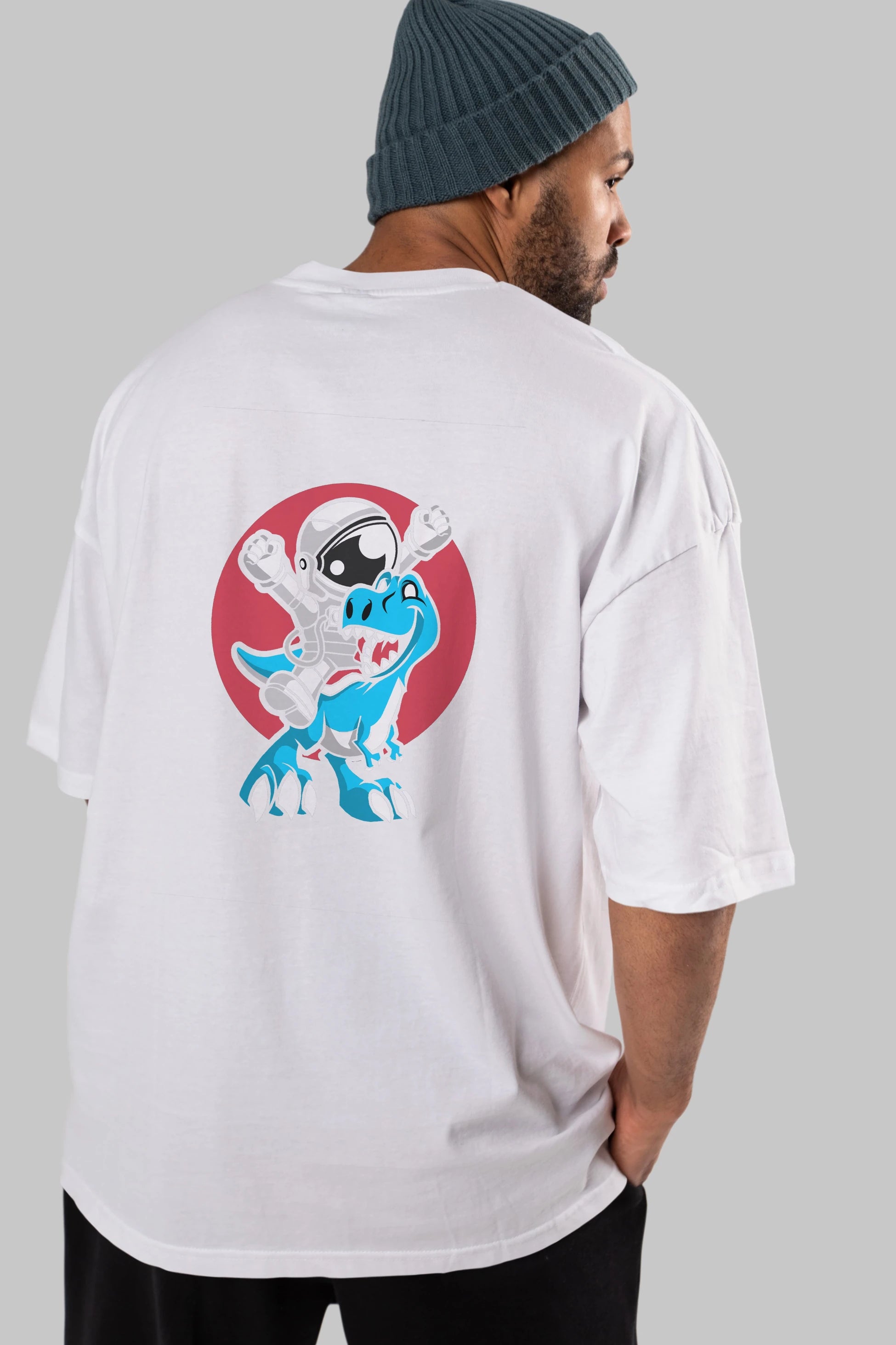Astronaut Dino Arka Baskılı Oversize t-shirt Erkek Kadın Unisex %100 Pamuk tişort